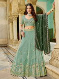 Striking Green Bead Embroidery Crush Silk Evening Wear Lehenga Choli With Dupatta