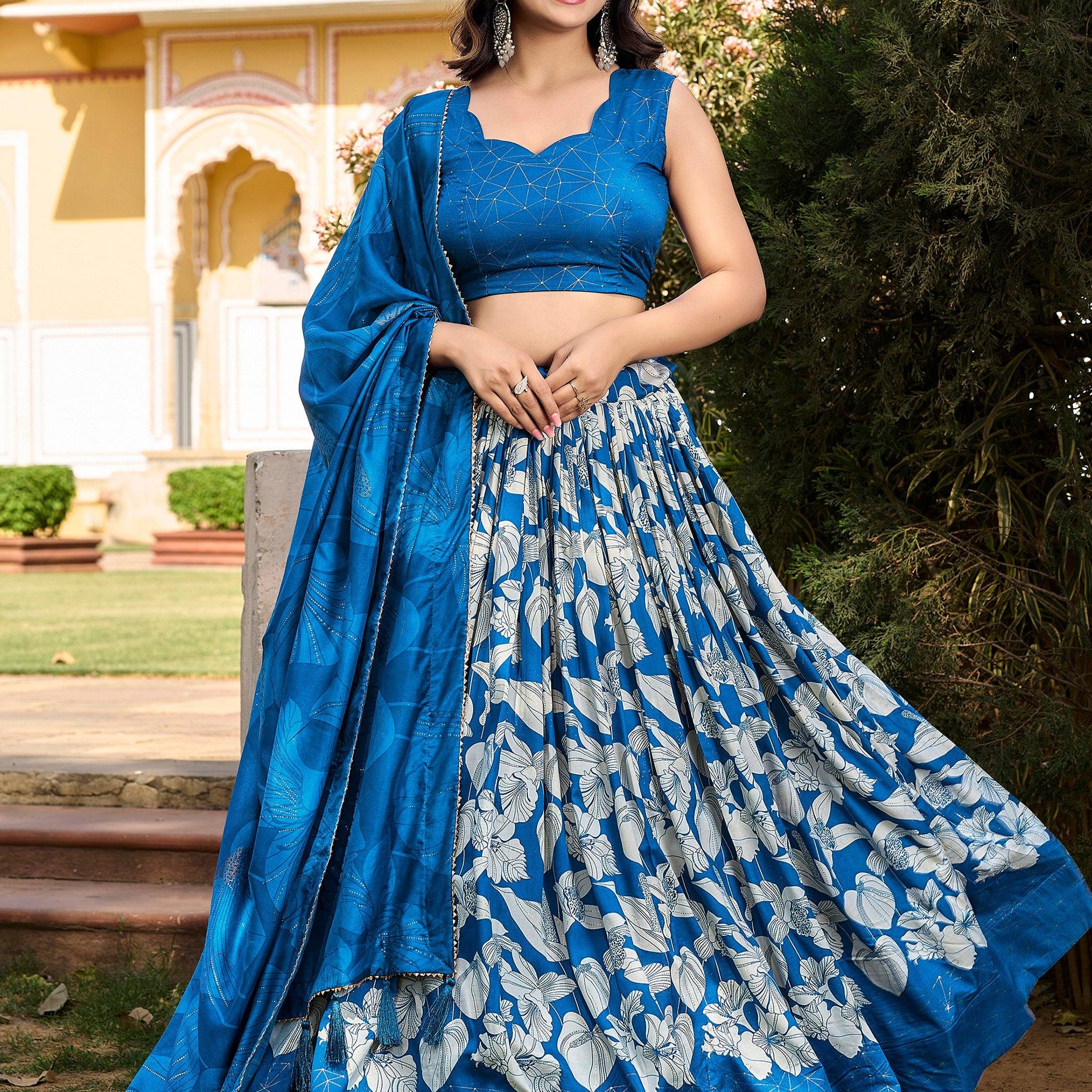 Alluring Blue Floral Printed Tussar Silk Festival Wear Lehenga Choli