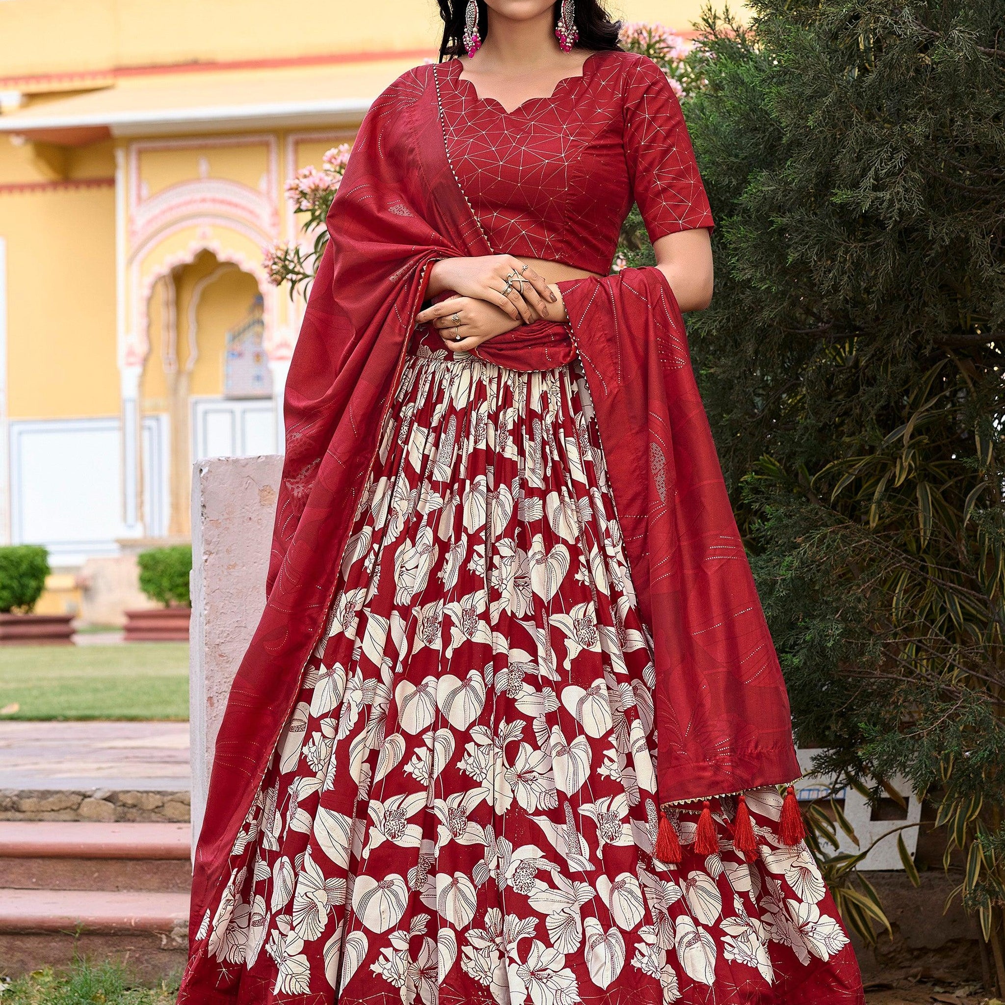 Beautiful Red Floral Printed Tussar Silk Navratri Lehenga Choli