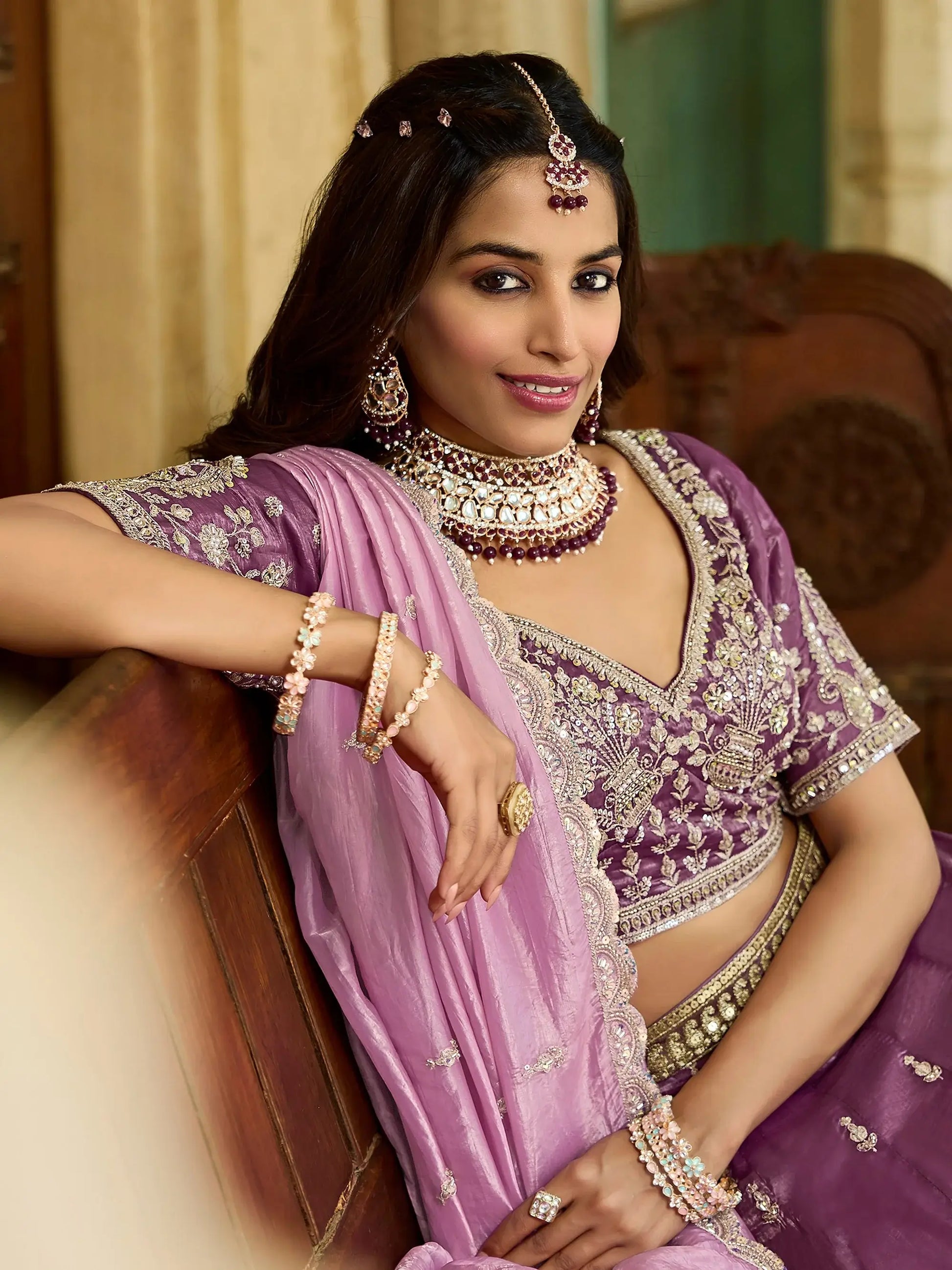 noticeable Wine Heavy Embroidery Crush Reception Wear Lehenga Choli With Dupatta