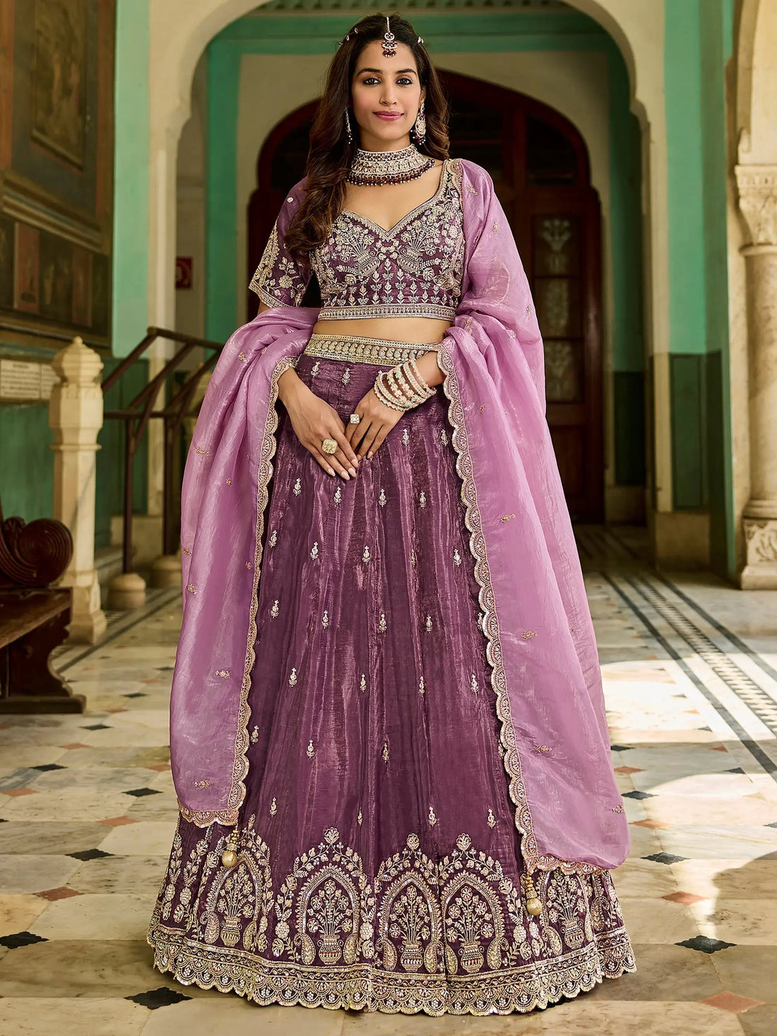 noticeable Wine Heavy Embroidery Crush Reception Wear Lehenga Choli With Dupatta