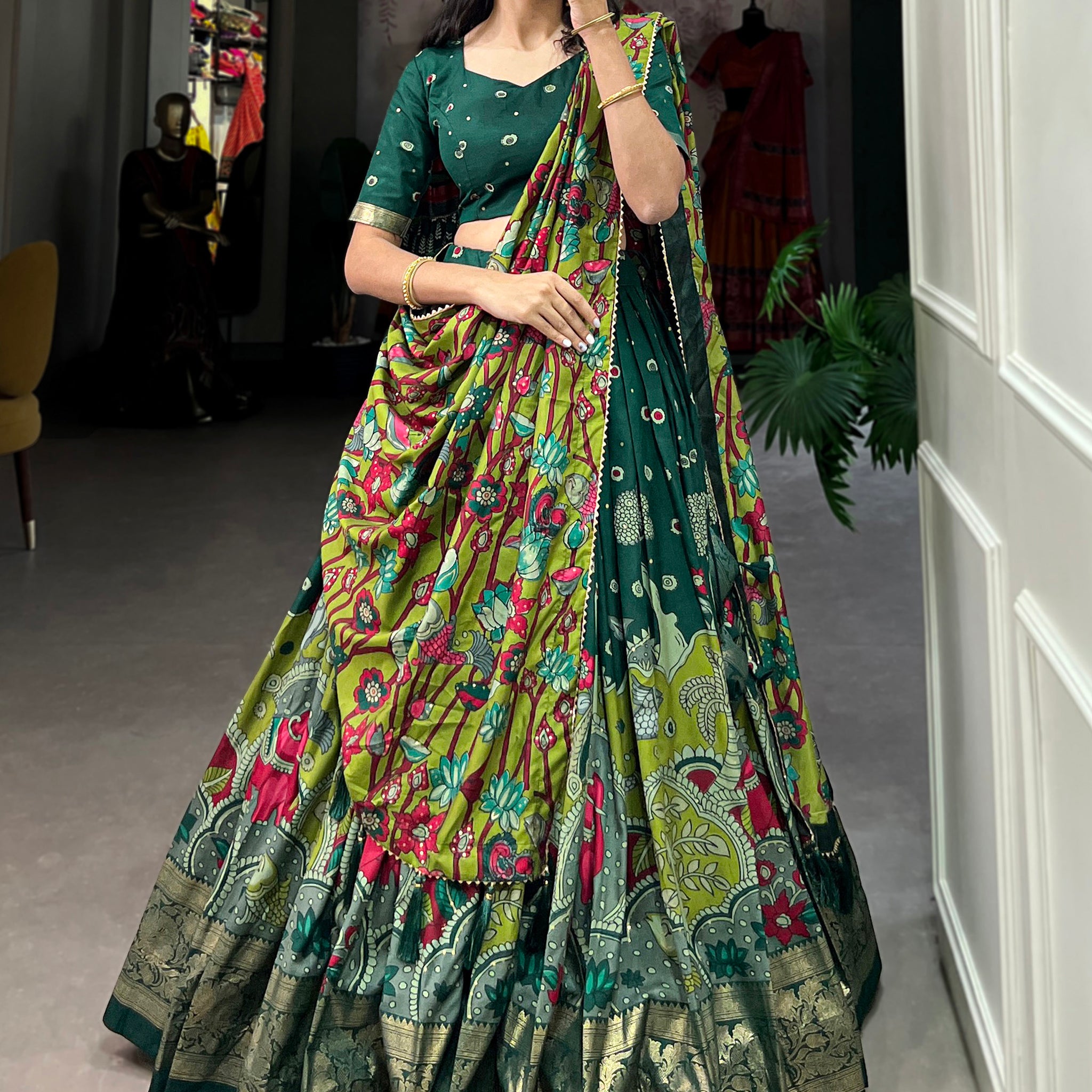 Astonishing Green kalamkari Printed Silk Traditonal Lehenga Choli