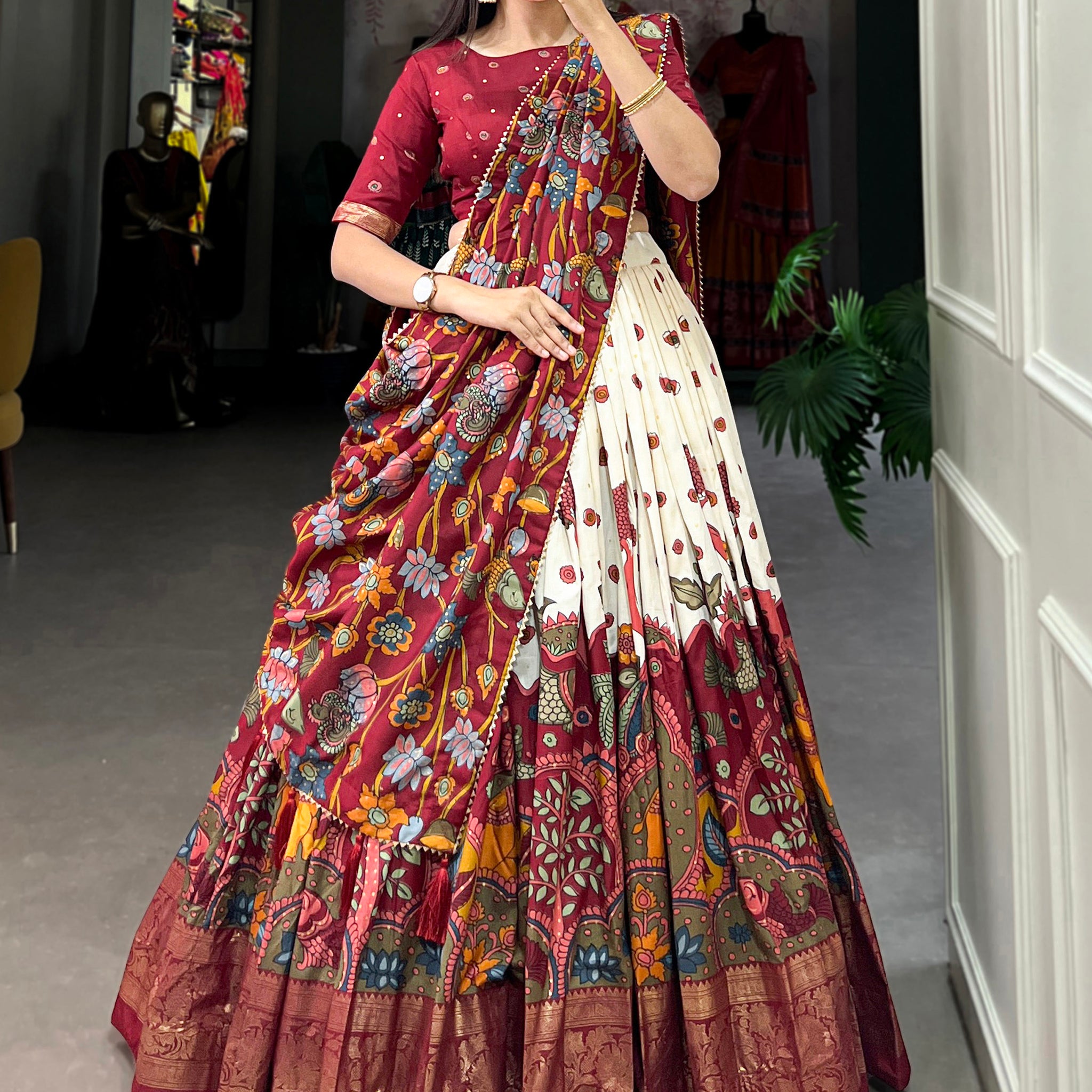 Gorgeous Cream kalamkari Printed Silk Navratri Wear Lehenga Choli