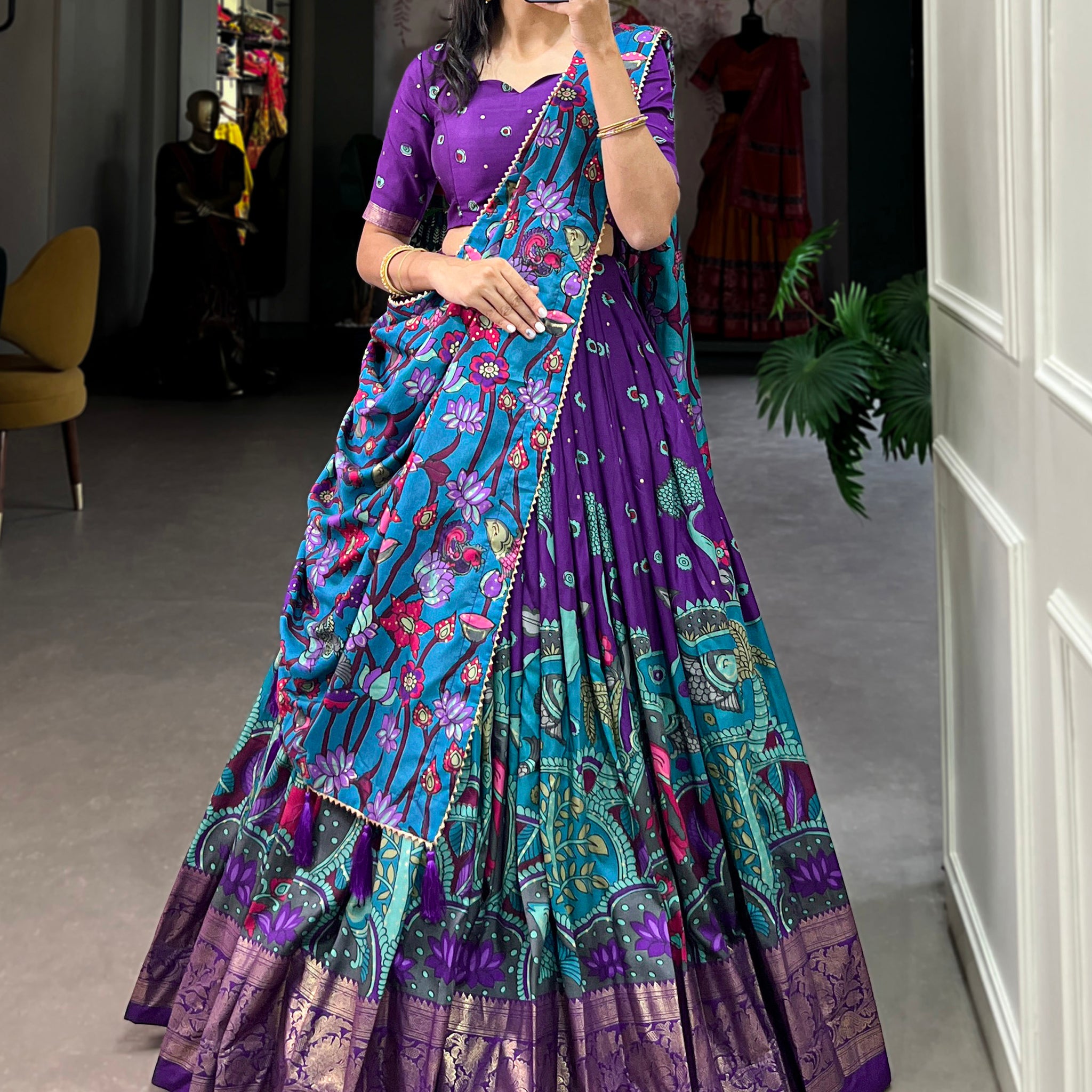Beautiful Purple kalamkari Printed Silk Festival Wear Lehenga Choli
