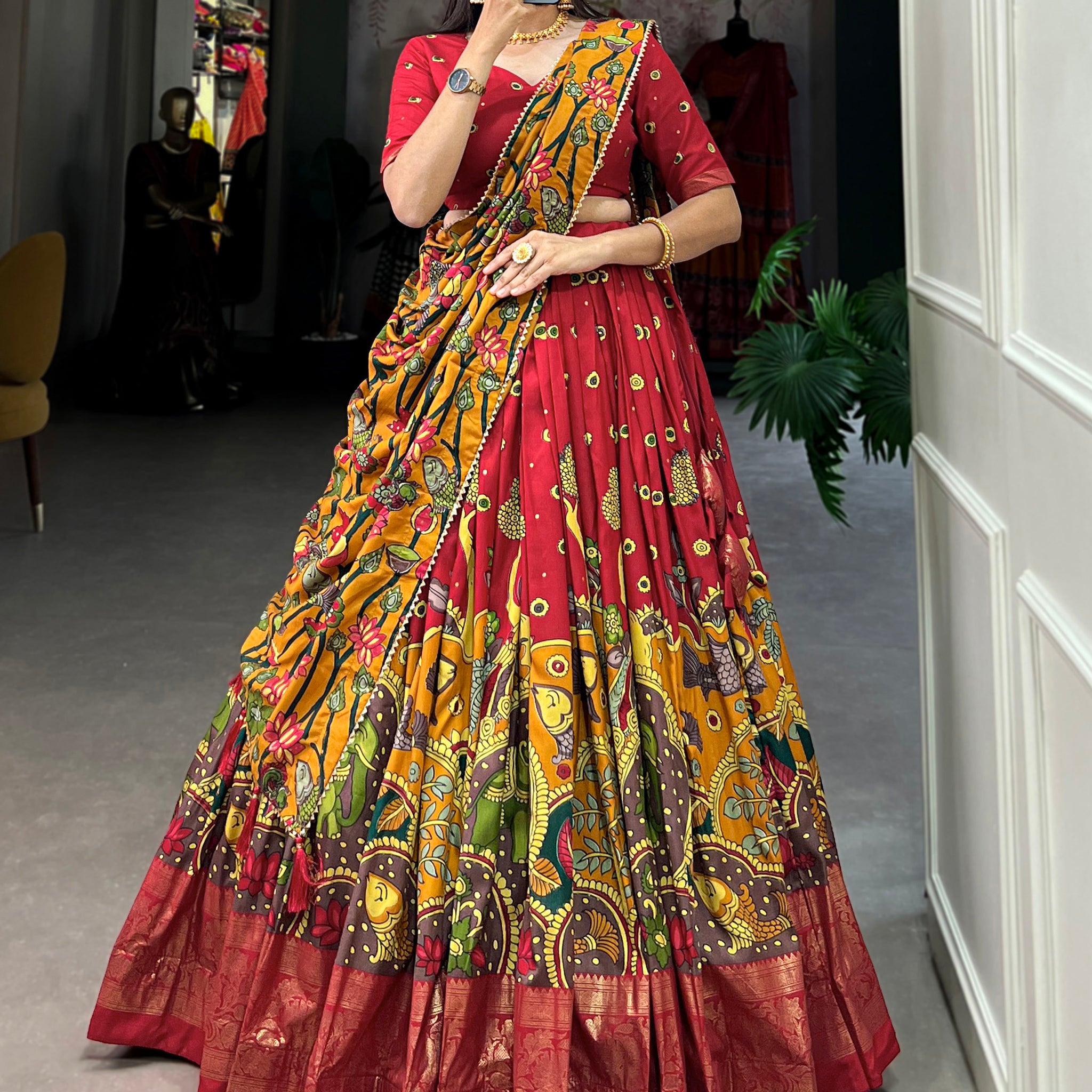 Enchanting Red kalamkari Printed Silk Event Wear Lehenga Choli