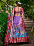 Stunning Lavender Kalamkari Printed Dola Silk Traditional Lehenga Choli