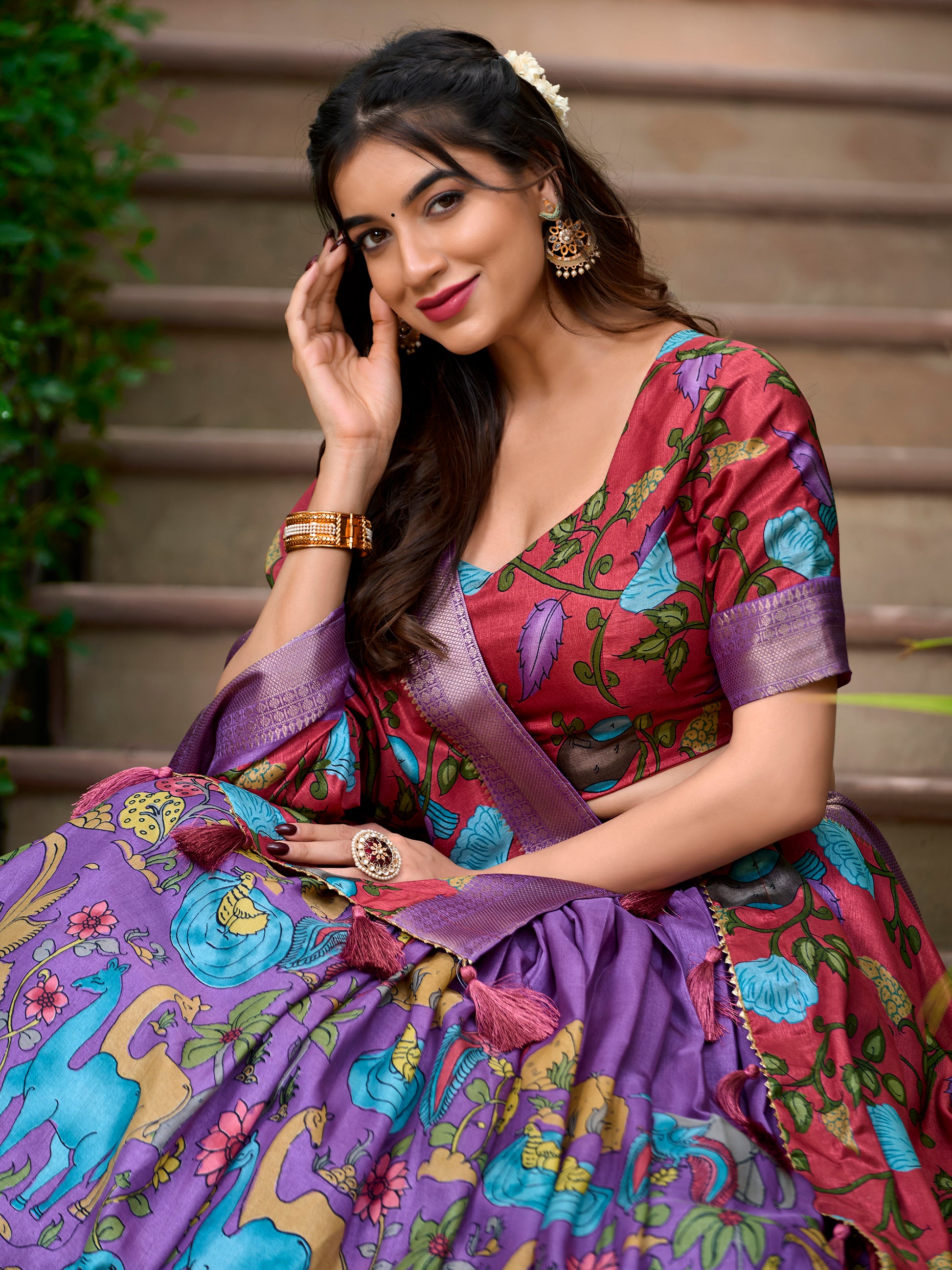Stunning Lavender Kalamkari Printed Dola Silk Traditional Lehenga Choli