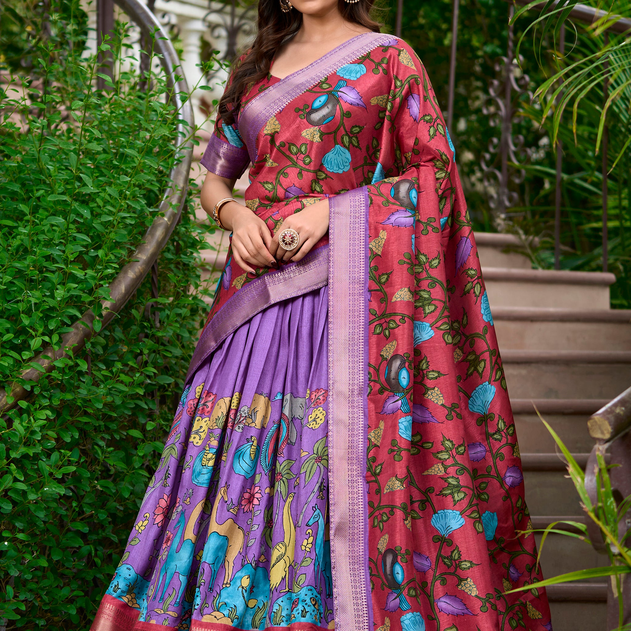 Stunning Lavender Kalamkari Printed Dola Silk Traditional Lehenga Choli