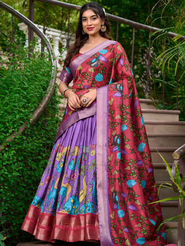Stunning Lavender Kalamkari Printed Dola Silk Traditional Lehenga Choli