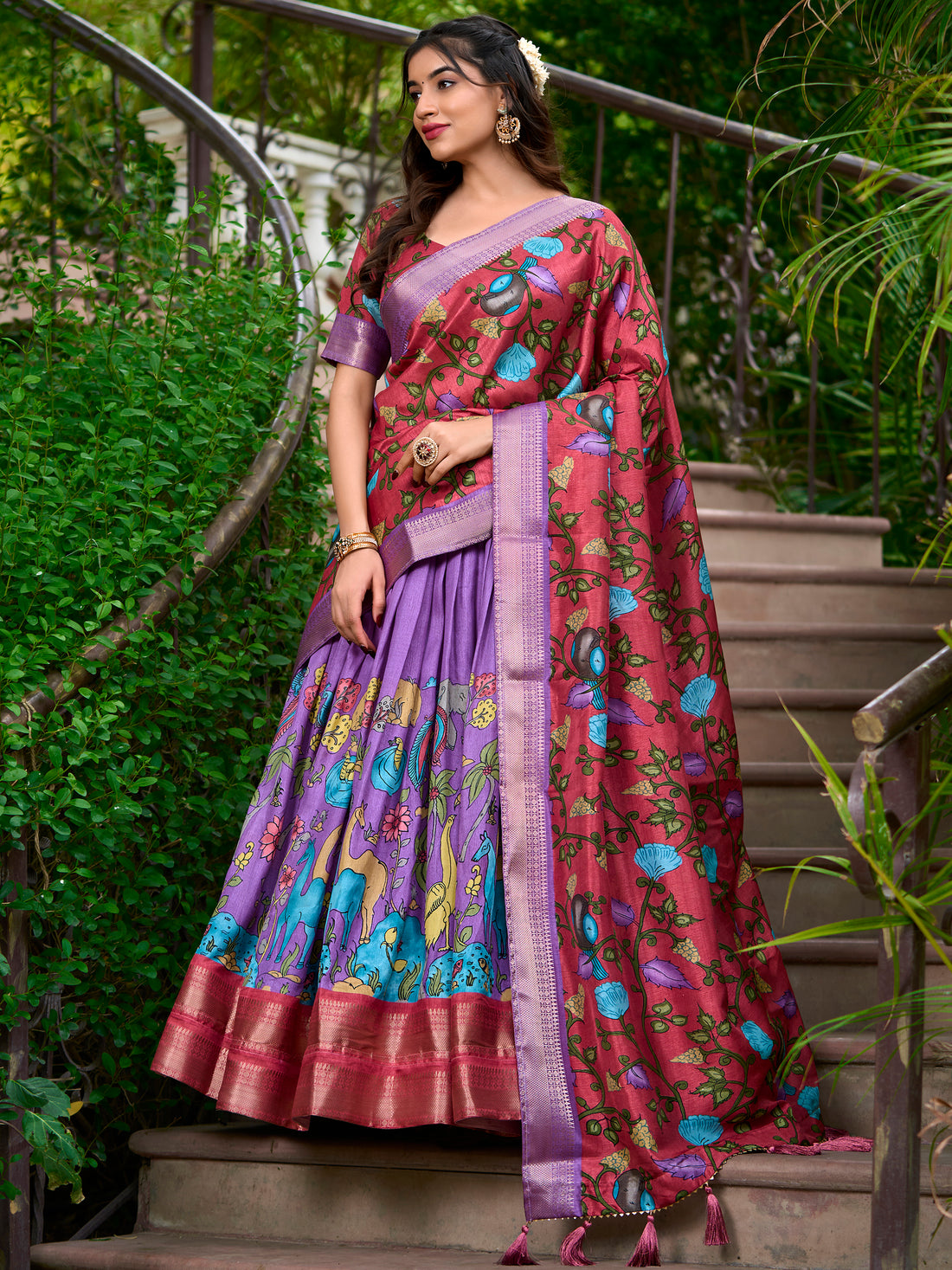 Stunning Lavender Kalamkari Printed Dola Silk Traditional Lehenga Choli