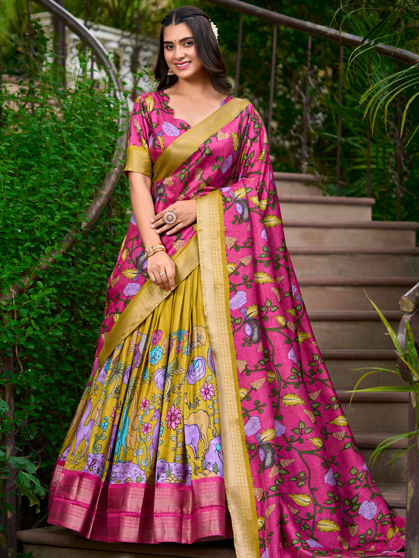 Lovable Mustard Yellow Printed Dola Silk Event Wear Lehenga Choli
