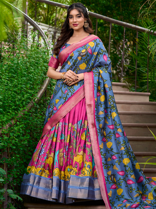 Charming Rani Pink Kalamkari Print Dola Silk Festival Wear Lehenga Choli