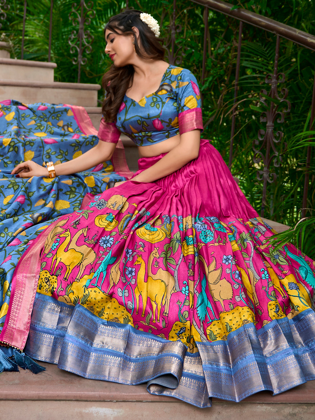 Charming Rani Pink Kalamkari Print Dola Silk Festival Wear Lehenga Choli
