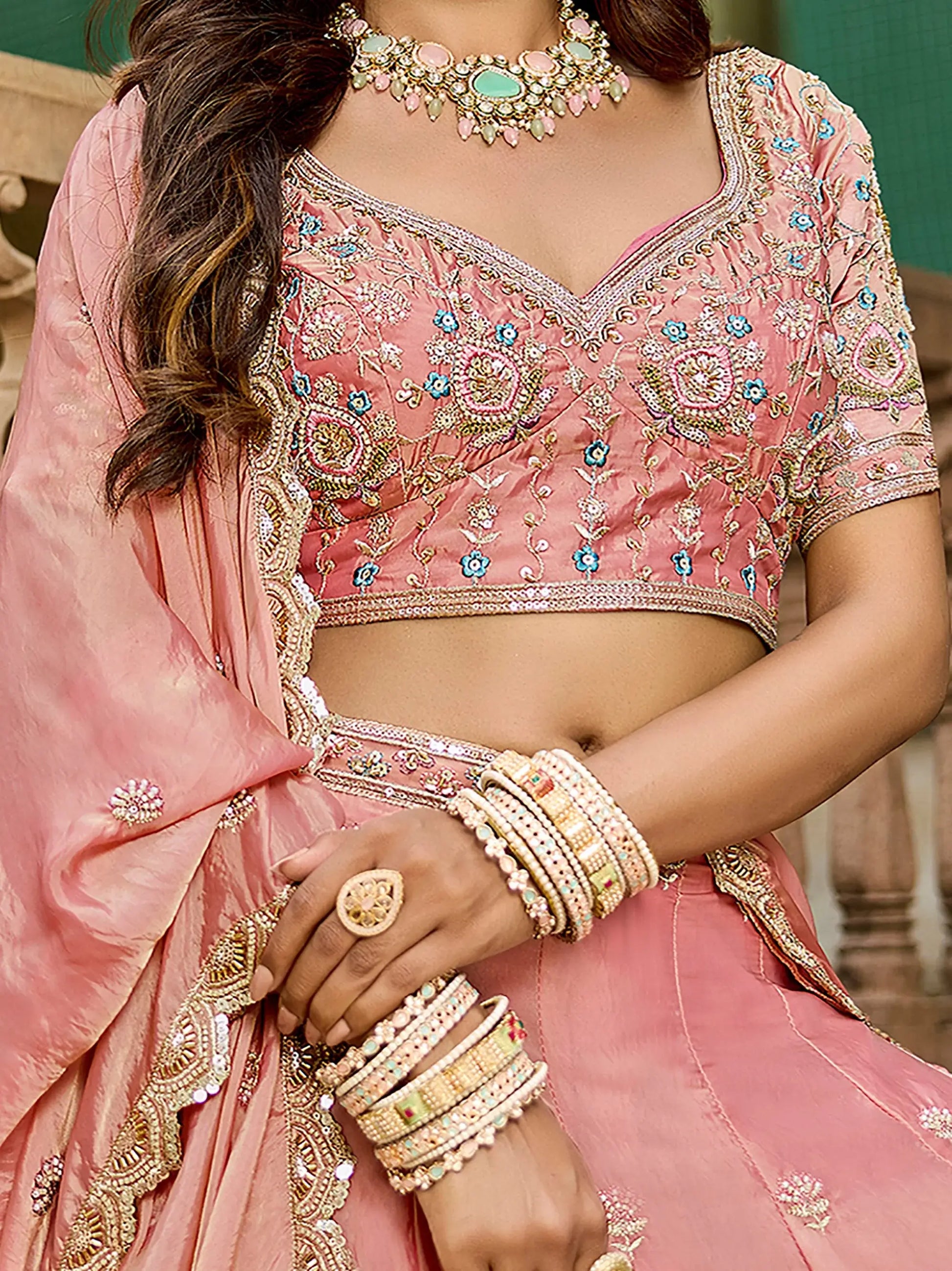 Significant Pink Bead Work Crush Engagement Wear Lehenga Choli With Dupatta