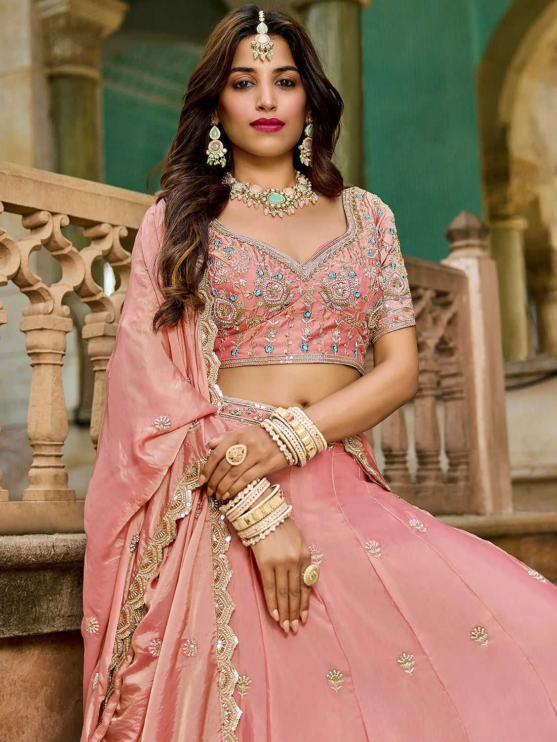 Significant Pink Bead Work Crush Engagement Wear Lehenga Choli With Dupatta