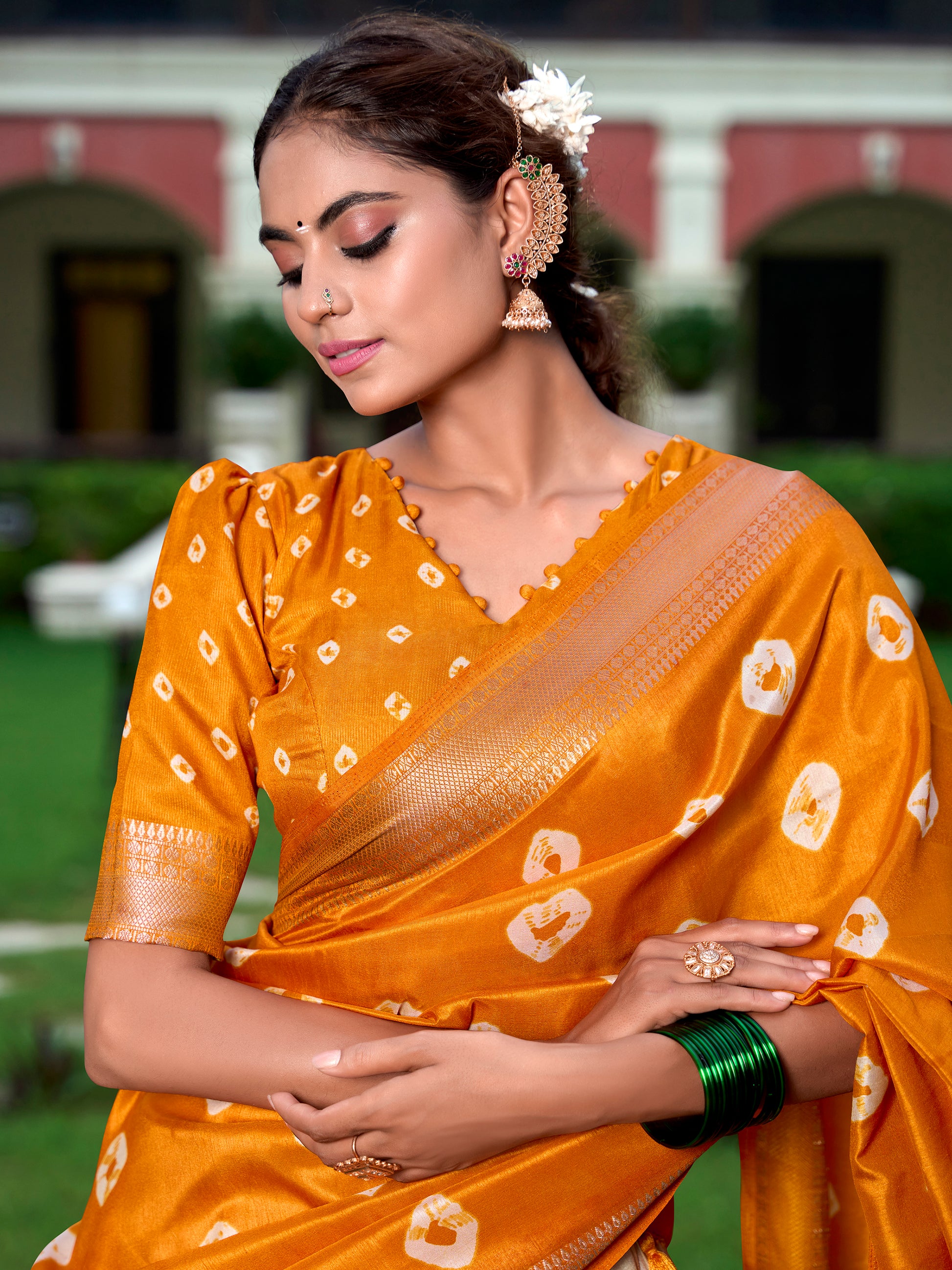 Pretty Mustard Yellow Shibori Print Silk Traditional Lehenga Choli