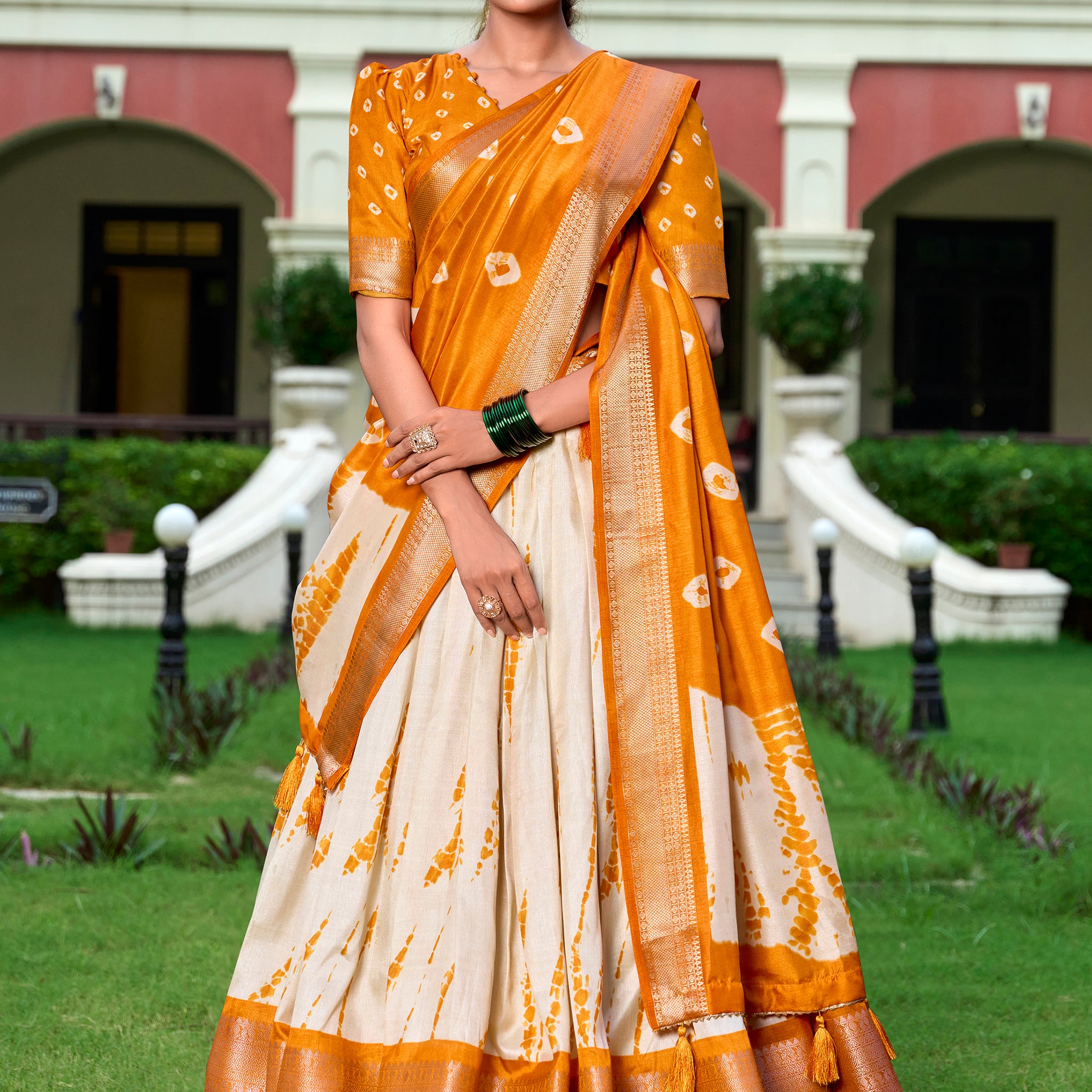 Pretty Mustard Yellow Shibori Print Silk Traditional Lehenga Choli