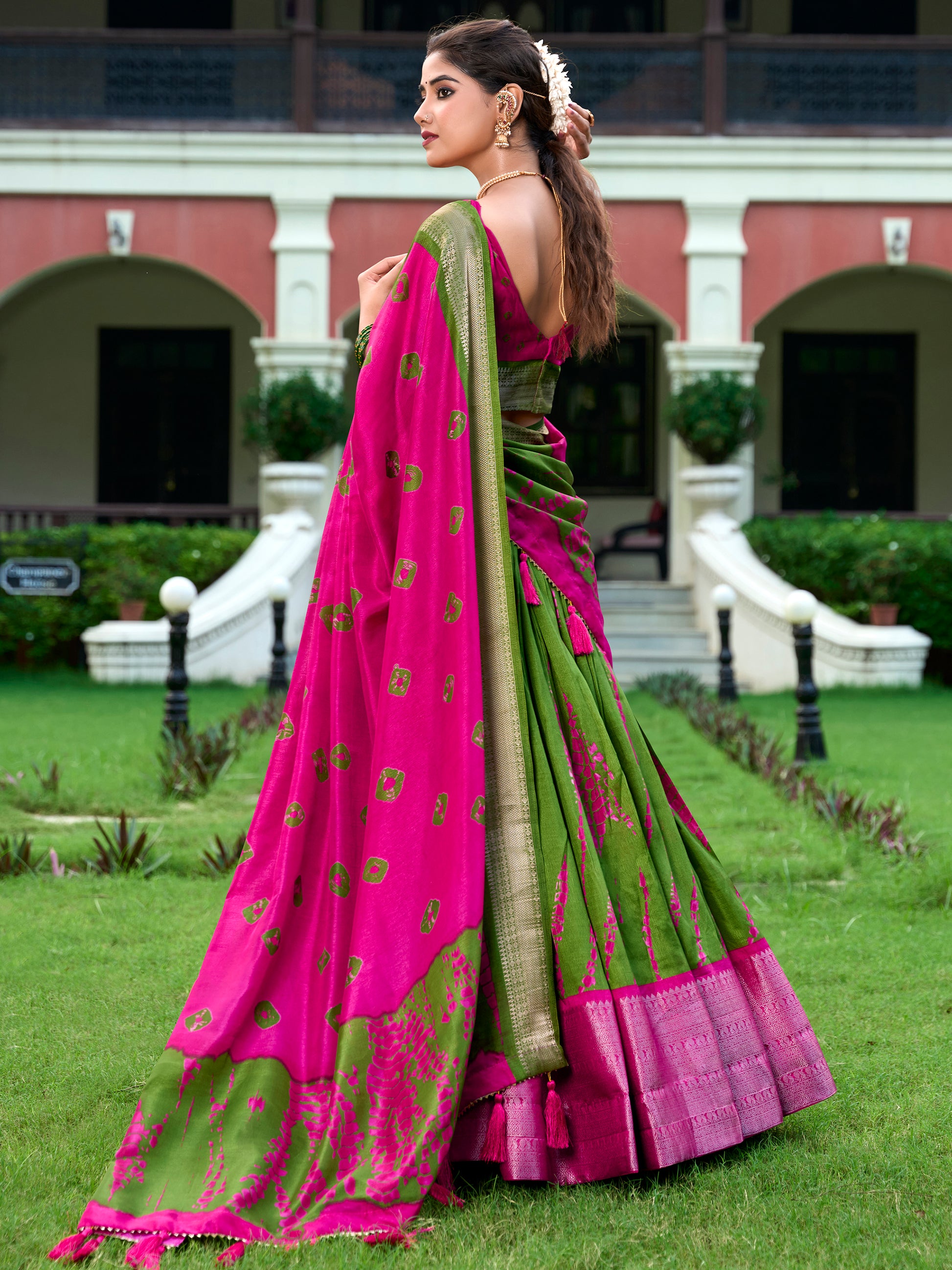 Attractive Green Shibori Printed Silk Event Wear Lehenga Choli