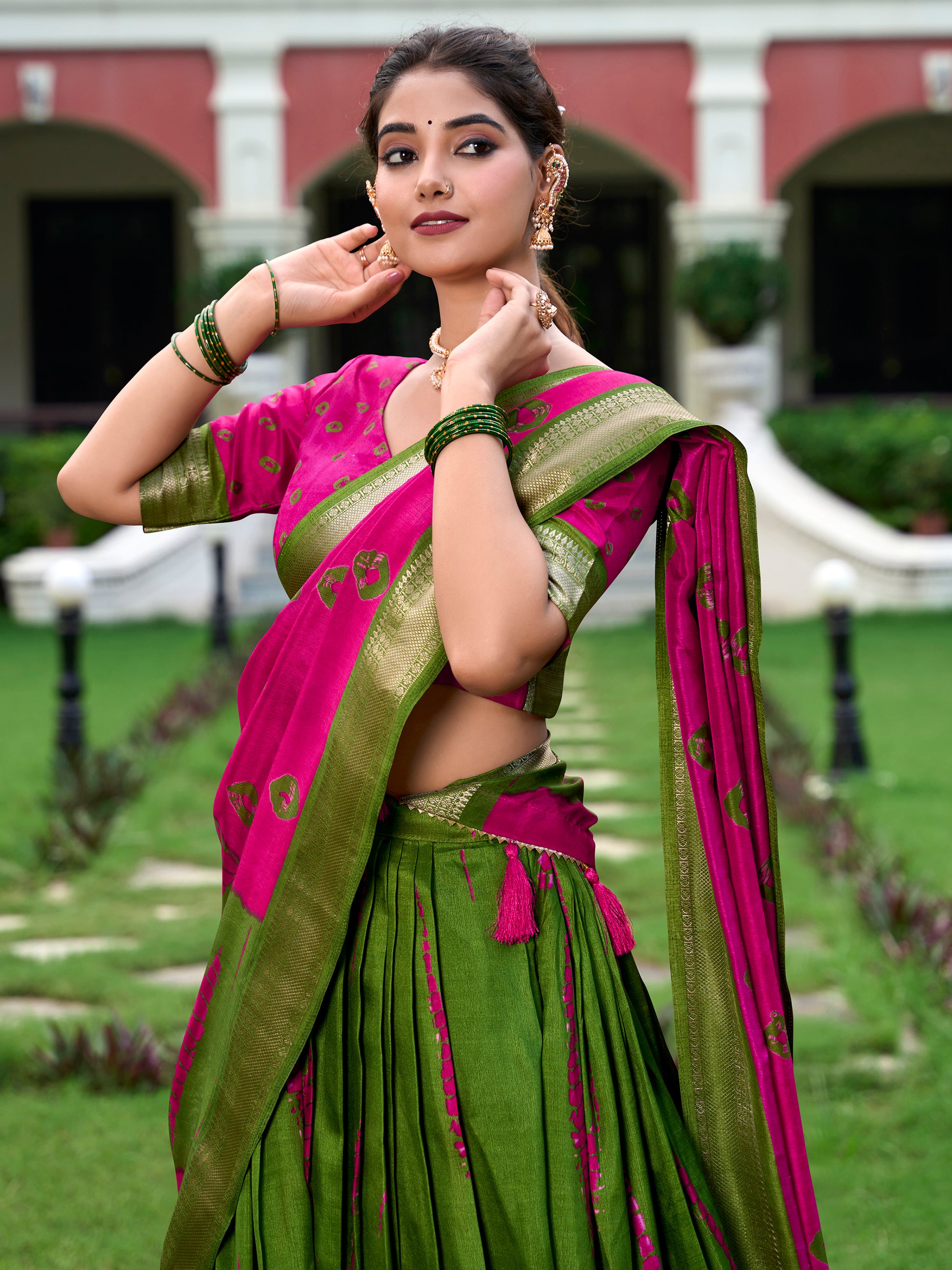 Attractive Green Shibori Printed Silk Event Wear Lehenga Choli