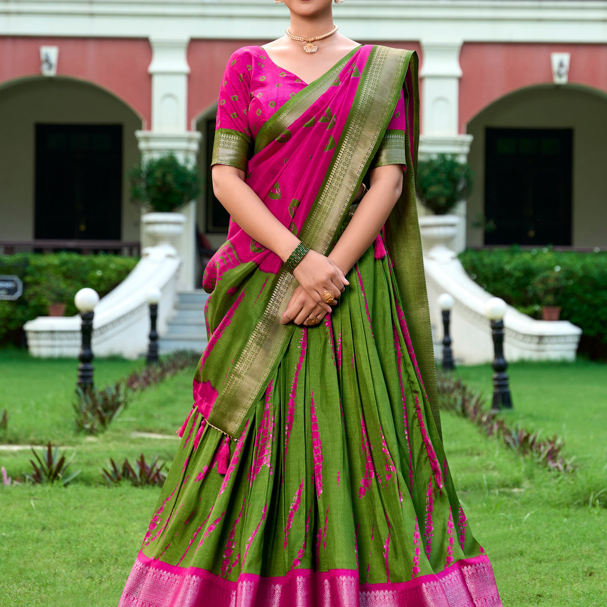 Attractive Green Shibori Printed Silk Event Wear Lehenga Choli