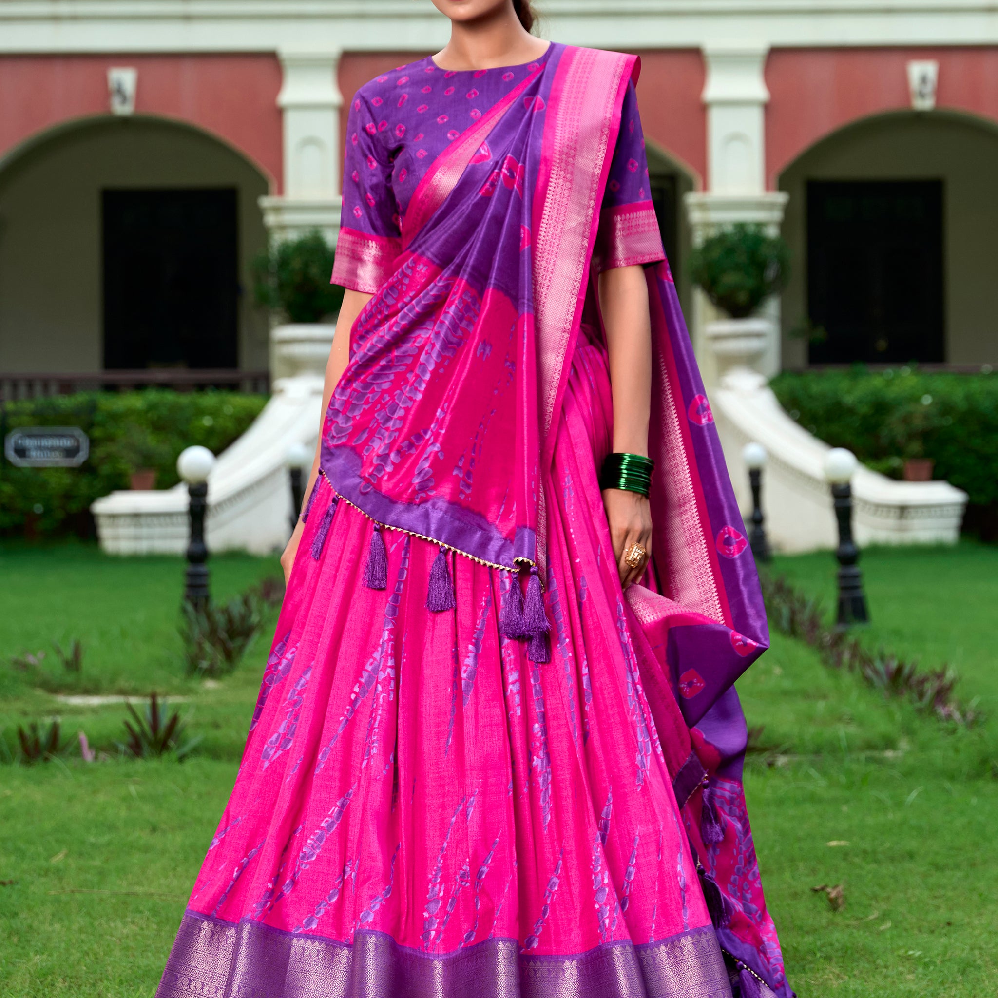 Charming Pink Shibori Printed Silk Lehenga Choli With Dupatta