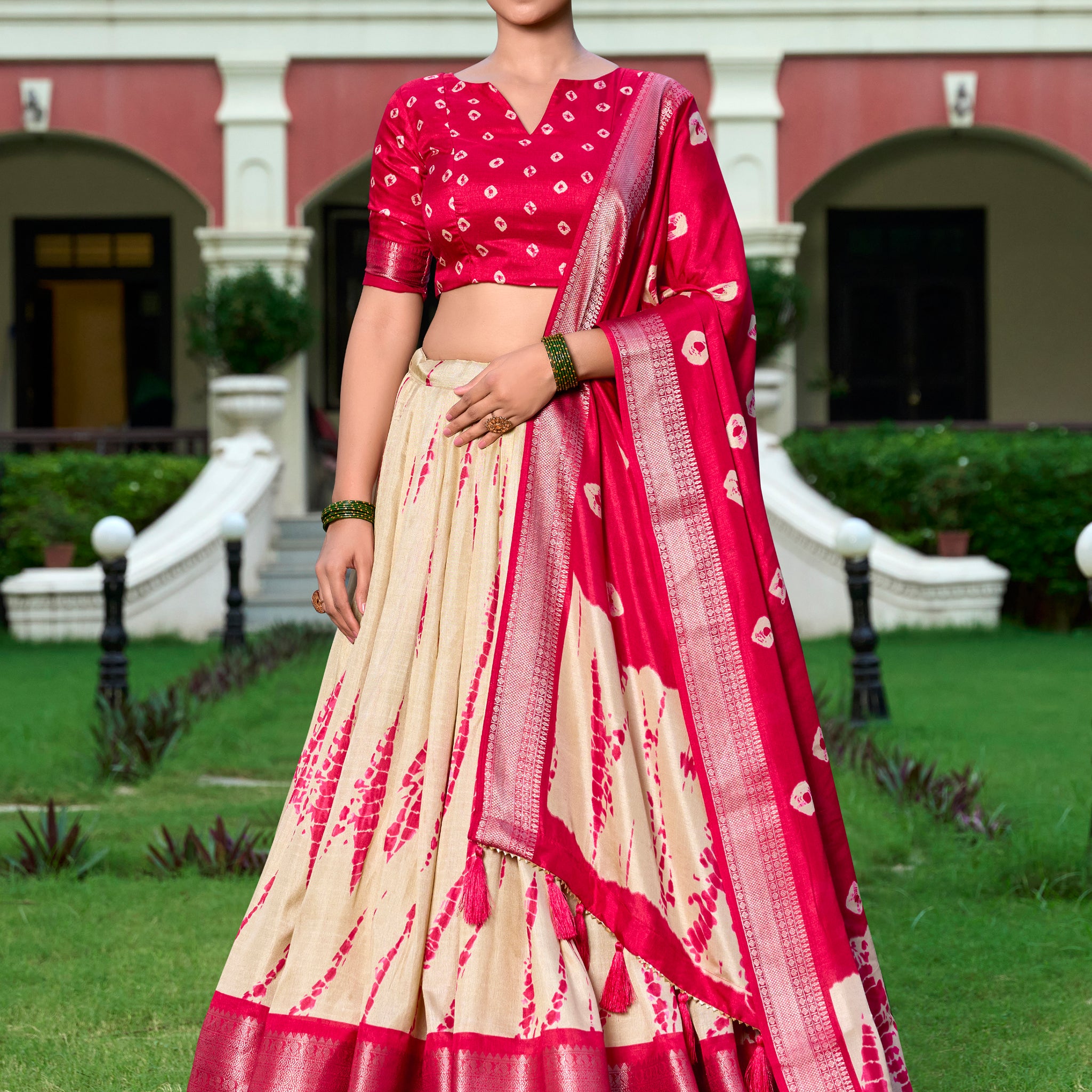 Stunning Cream Shibori Printed Silk Festival Wear Lehenga Choli