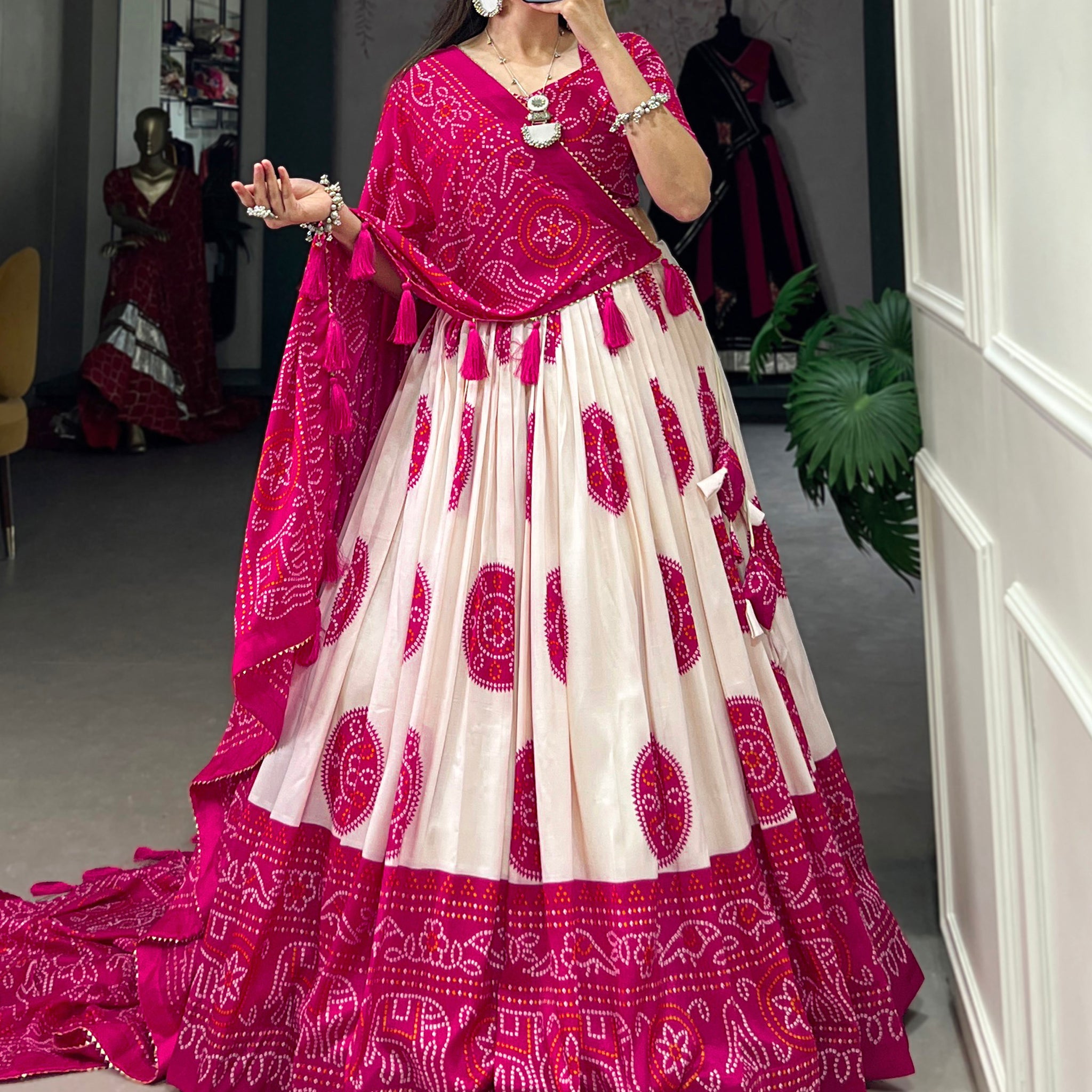 Wonderful Pink Bandhani Printed Silk Traditional Lehenga Choli