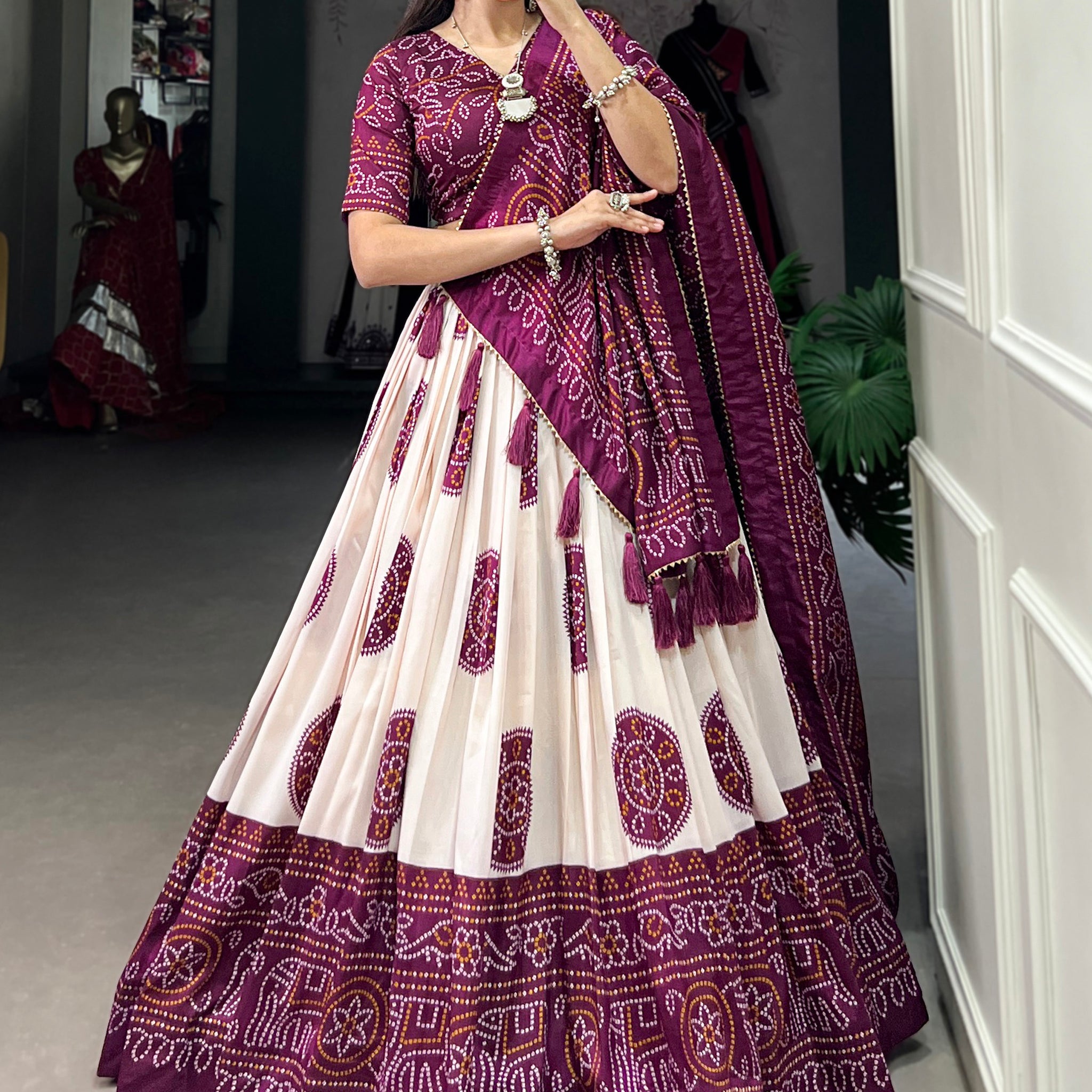 Adorable Wine Bandhani Printed Tussar Silk Lehenga Choli With Dupatta