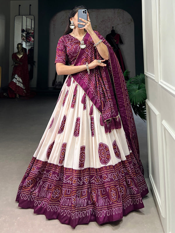 Adorable Wine Bandhani Printed Tussar Silk Lehenga Choli With Dupatta