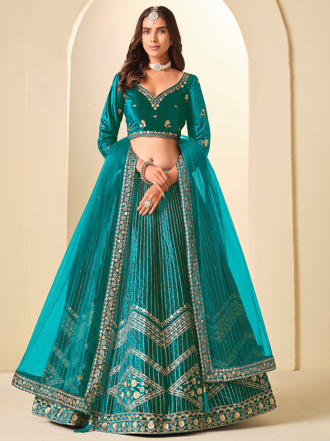Precious Teal Green Sequins Work Velvet Bridesmaid Wear Lehenga Choli With Dupatta
