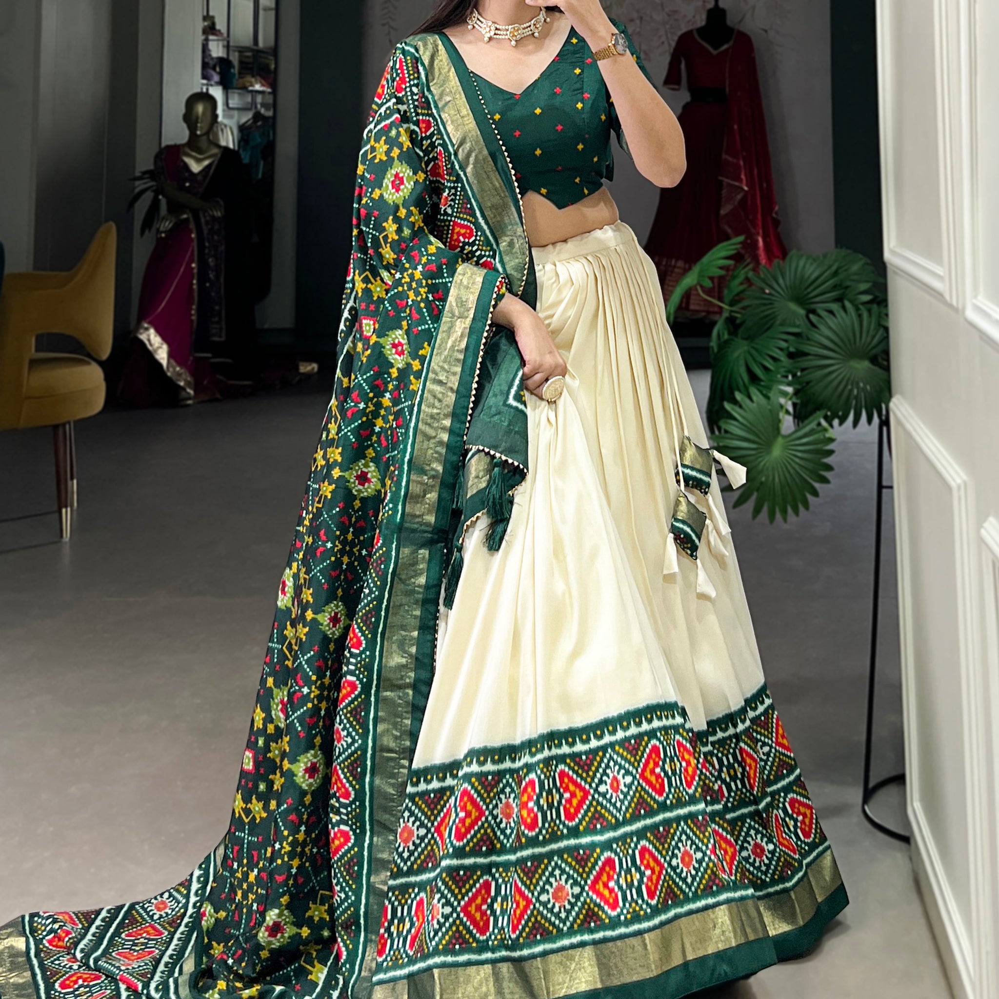 Adorable Green Patola Printed Tussar Silk Event Wear Lehenga Choli