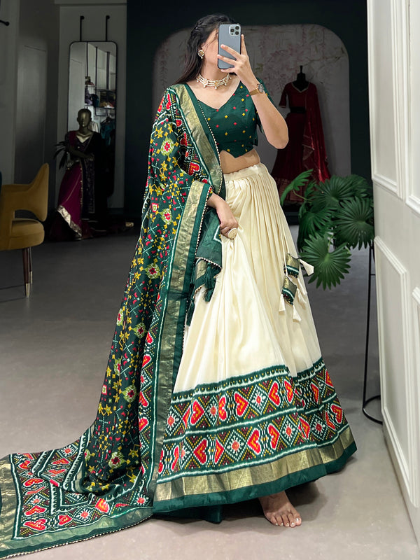 Adorable Green Patola Printed Tussar Silk Event Wear Lehenga Choli