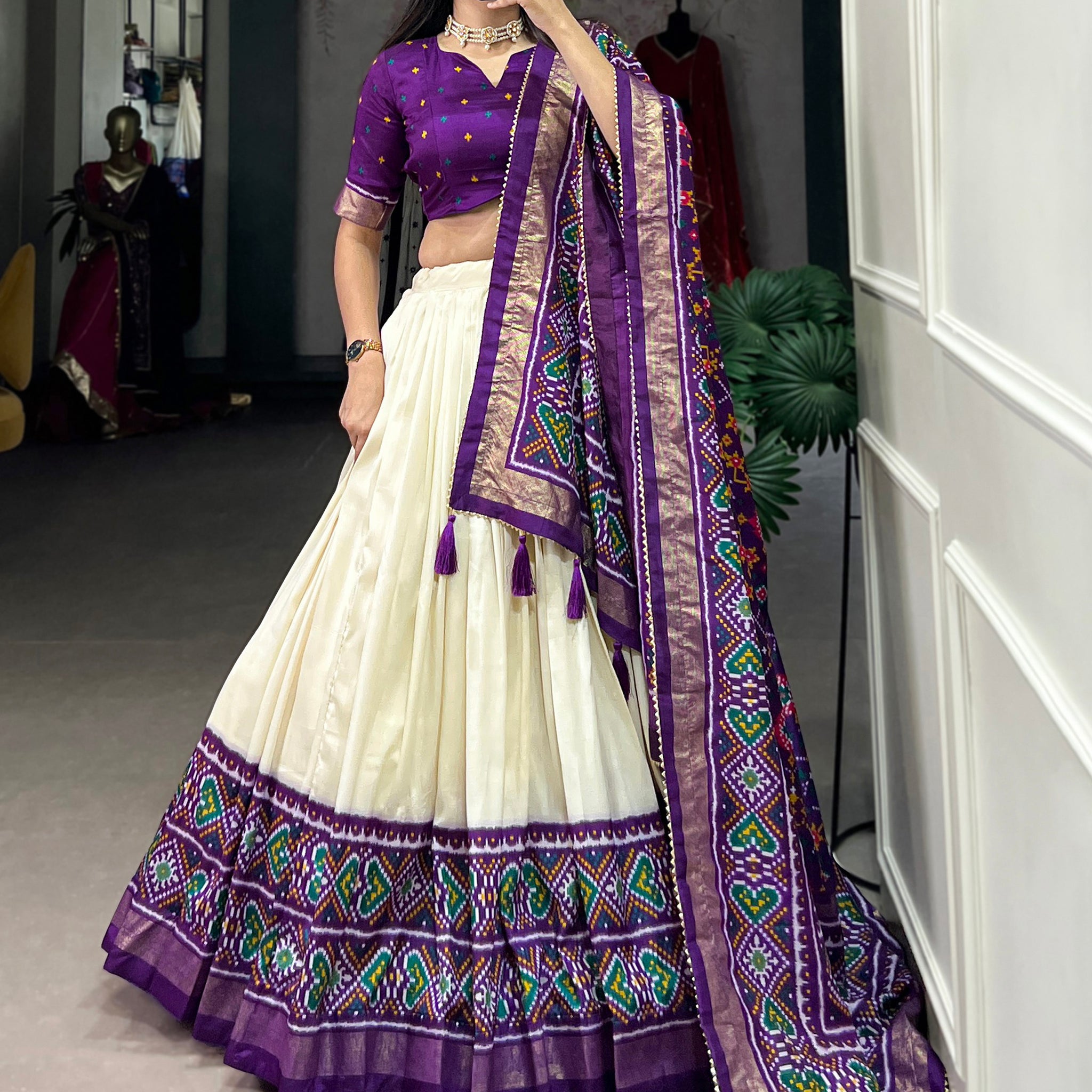 Captivating Purple Patola Printed Tussar Silk Traditional Lehenga Choli