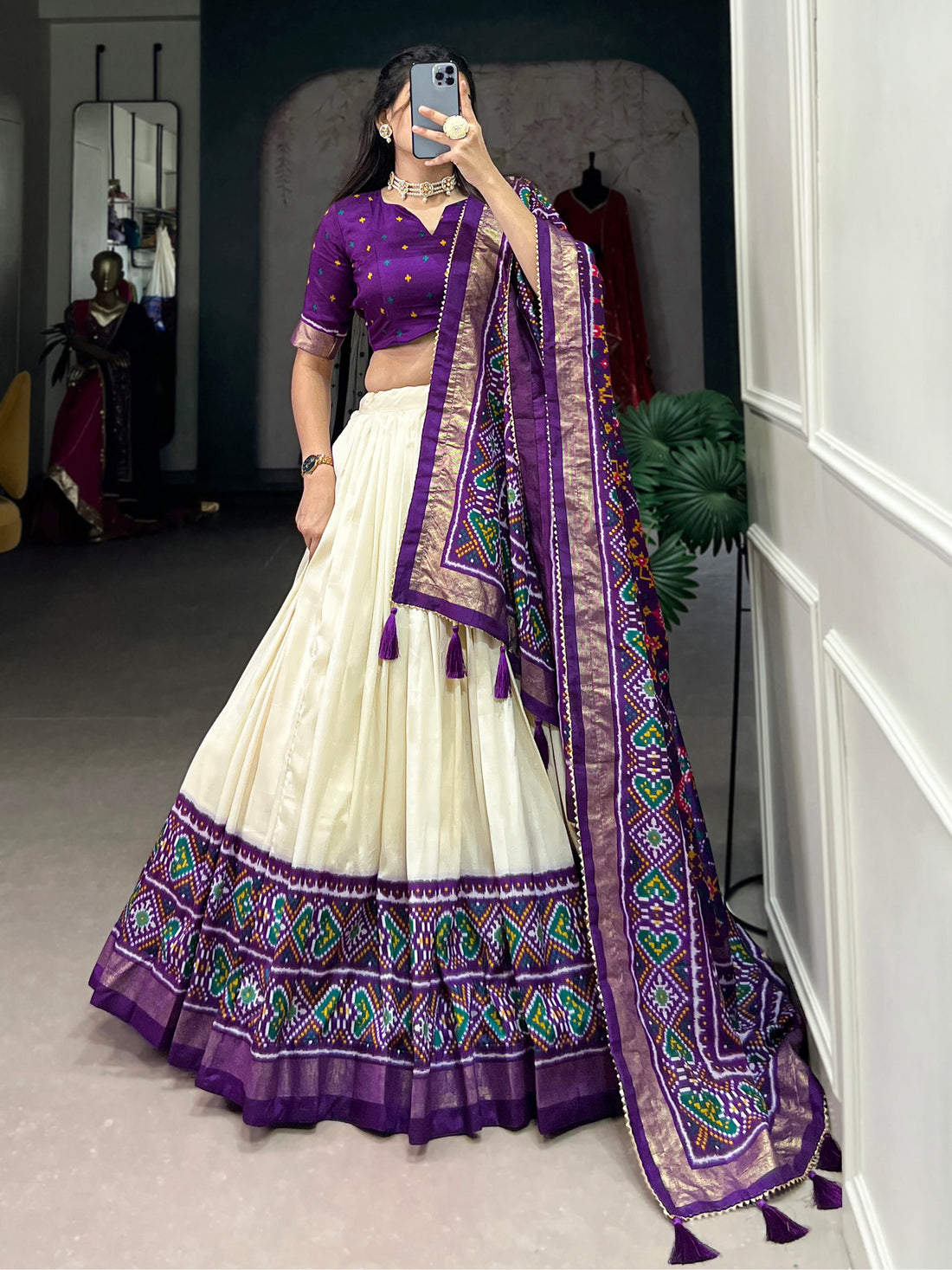Captivating Purple Patola Printed Tussar Silk Traditional Lehenga Choli