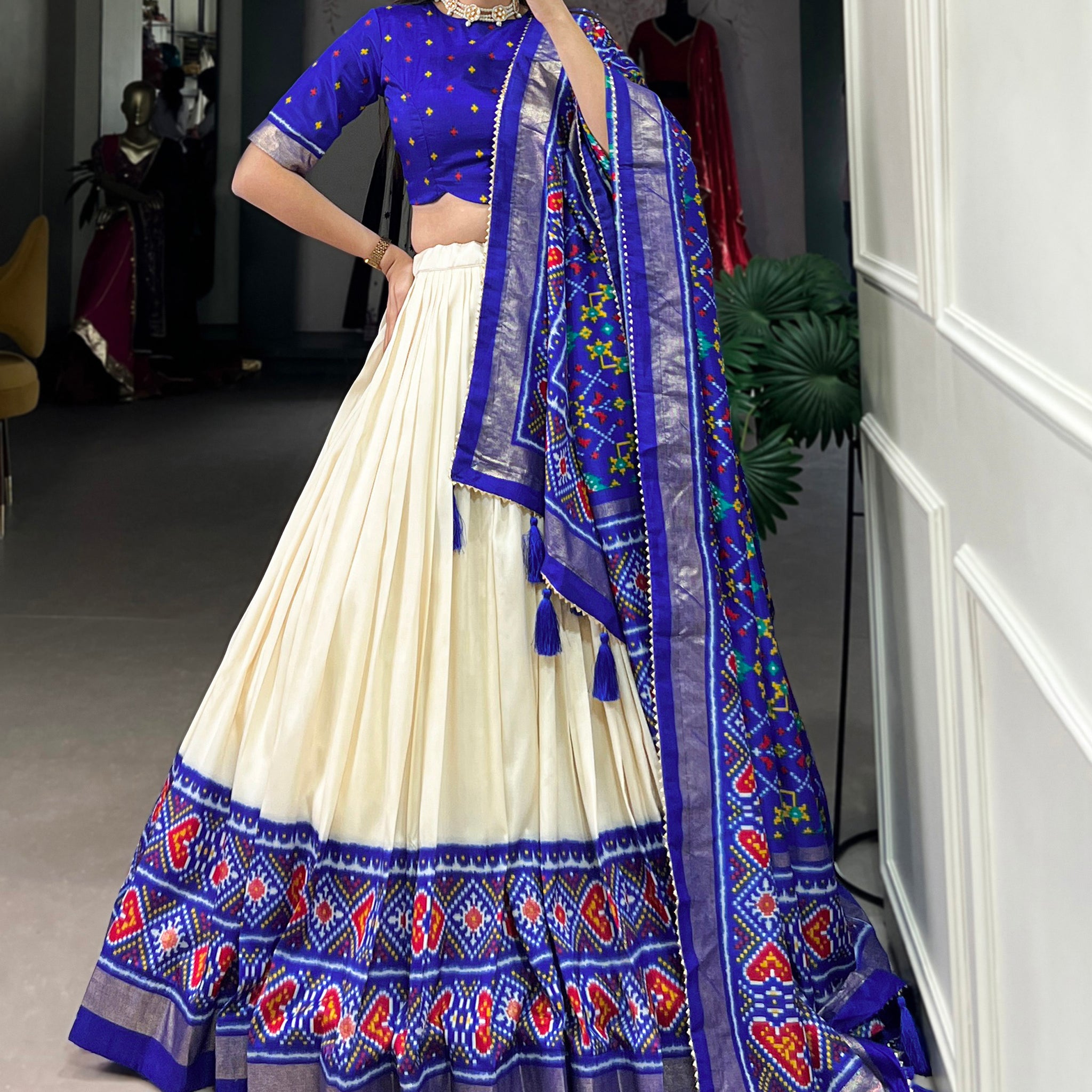 Incredible Blue Patola Printed Tussar Silk Lehenga Choli With Dupatta