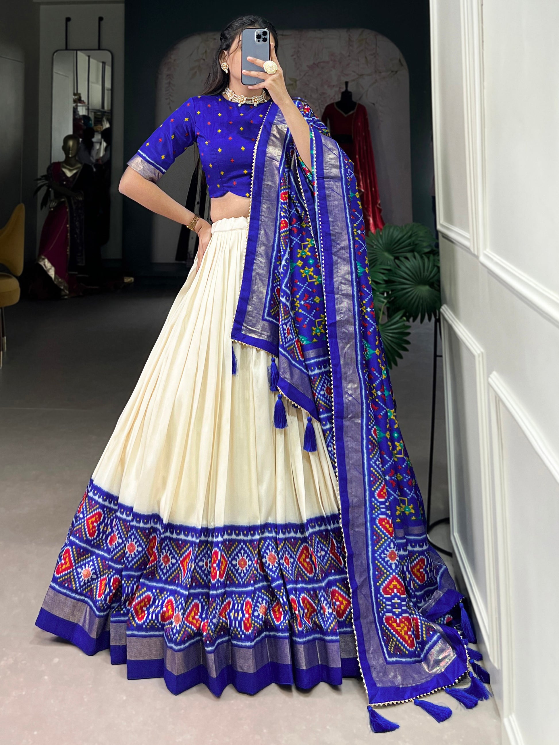 Incredible Blue Patola Printed Tussar Silk Lehenga Choli With Dupatta