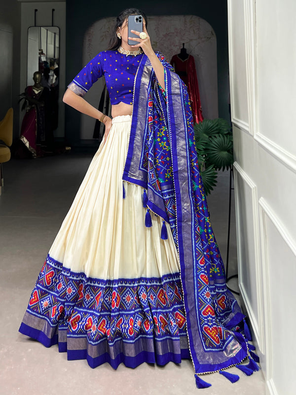 Incredible Blue Patola Printed Tussar Silk Lehenga Choli With Dupatta