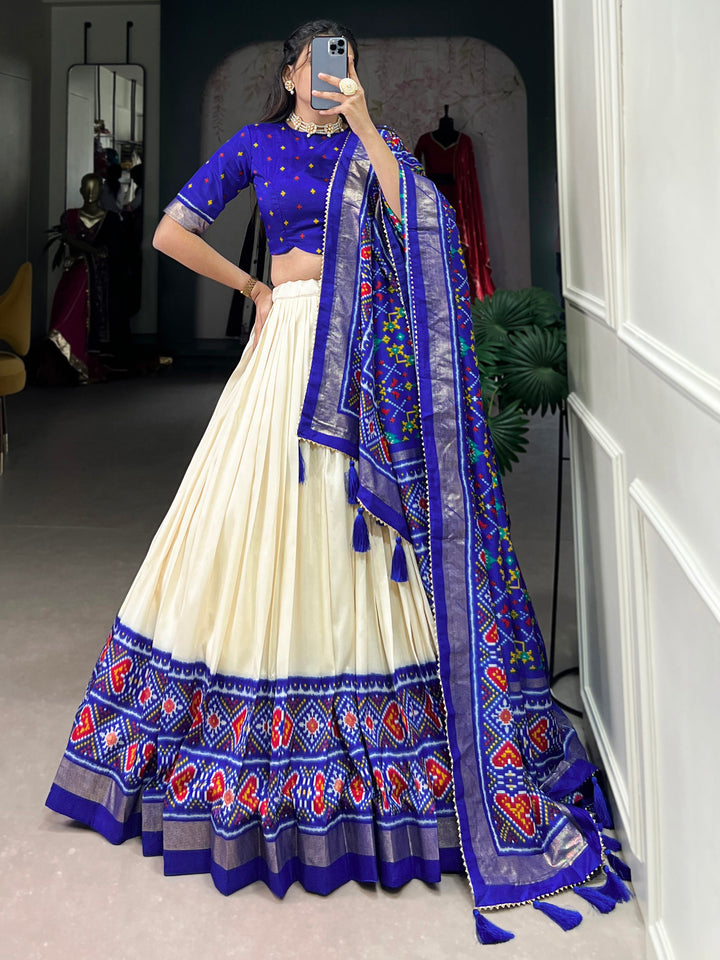 Incredible Blue Patola Printed Tussar Silk Lehenga Choli With Dupatta