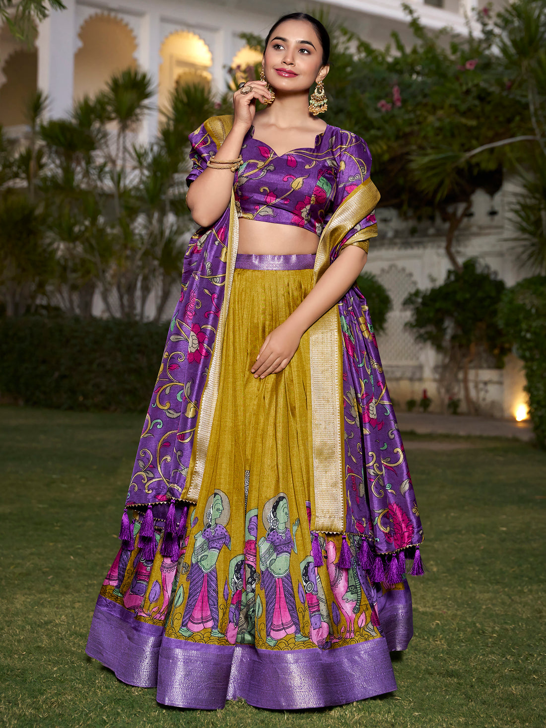 Lovely Mustard Yellow Kalamkari Printed Silk Festival Wear Lehenga Choli