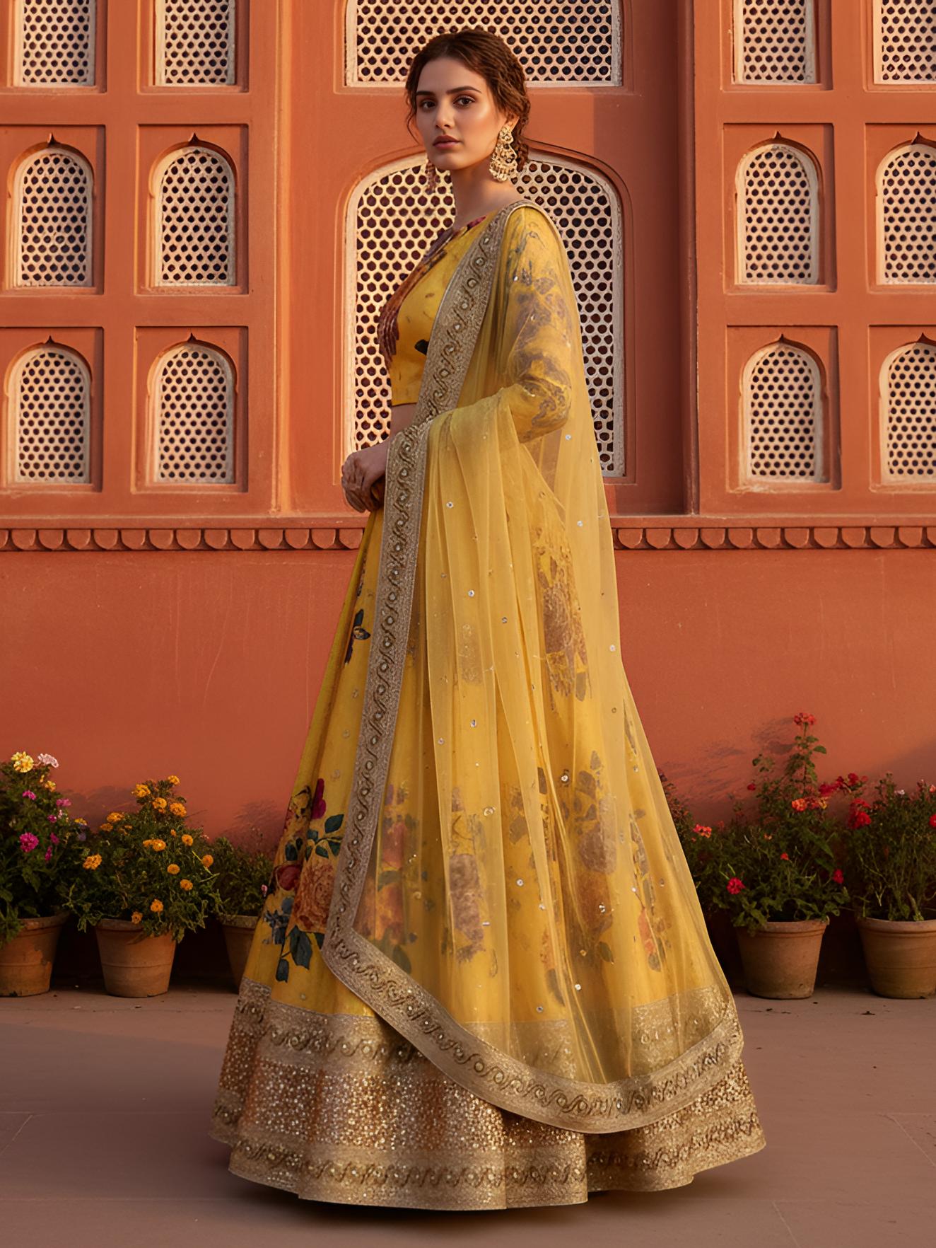 Amazeballs Yellow Floral Printed Silk Haldi Wear Lehenga Choli With Dupatta