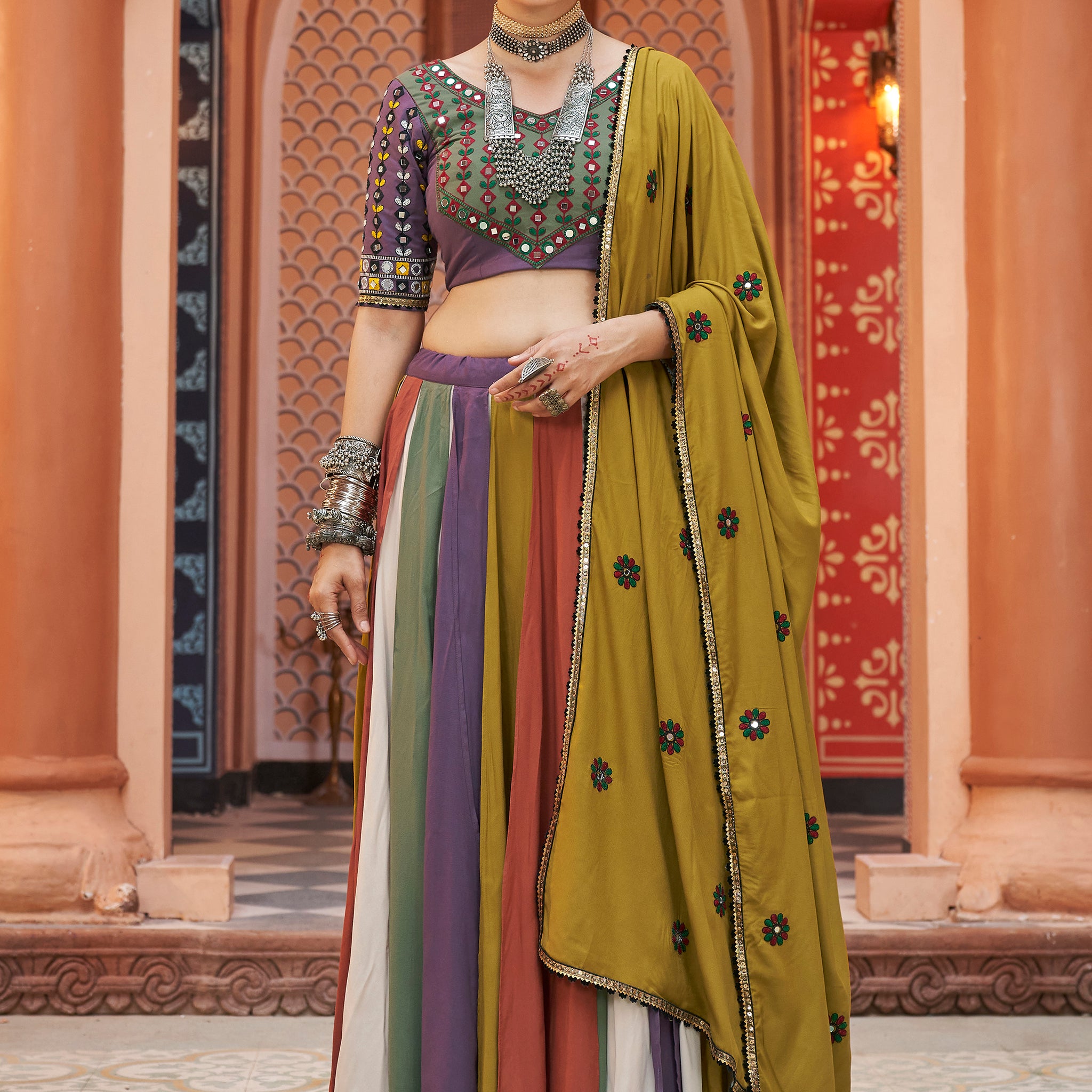 Attractive Multi-Color Rayon Navratri Lehenga Choli With Dupatta