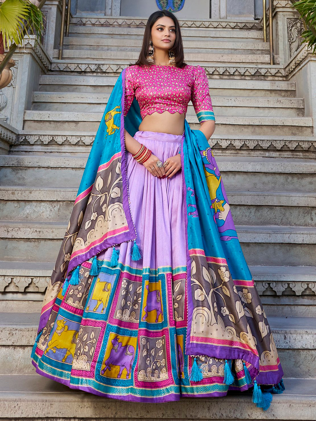 Gorgeous Lavender Kalamkari Print Tussar Silk Lehenga Choli With Dupatta