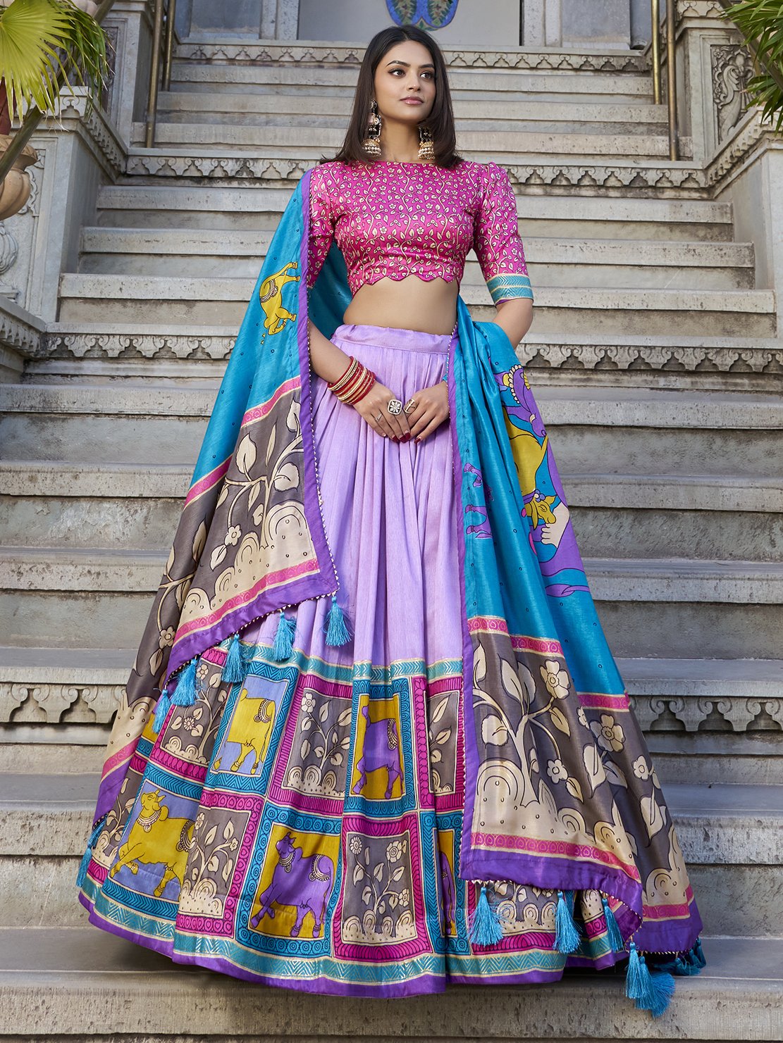 Gorgeous Lavender Kalamkari Print Tussar Silk Lehenga Choli With Dupatta