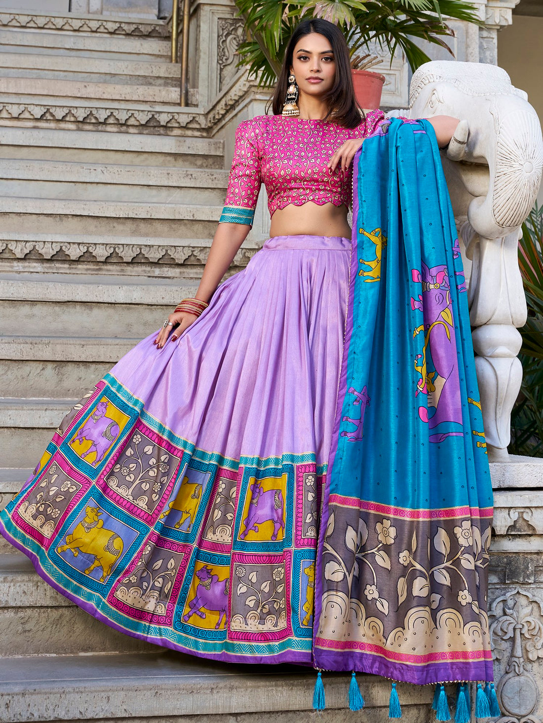 Gorgeous Lavender Kalamkari Print Tussar Silk Lehenga Choli With Dupatta