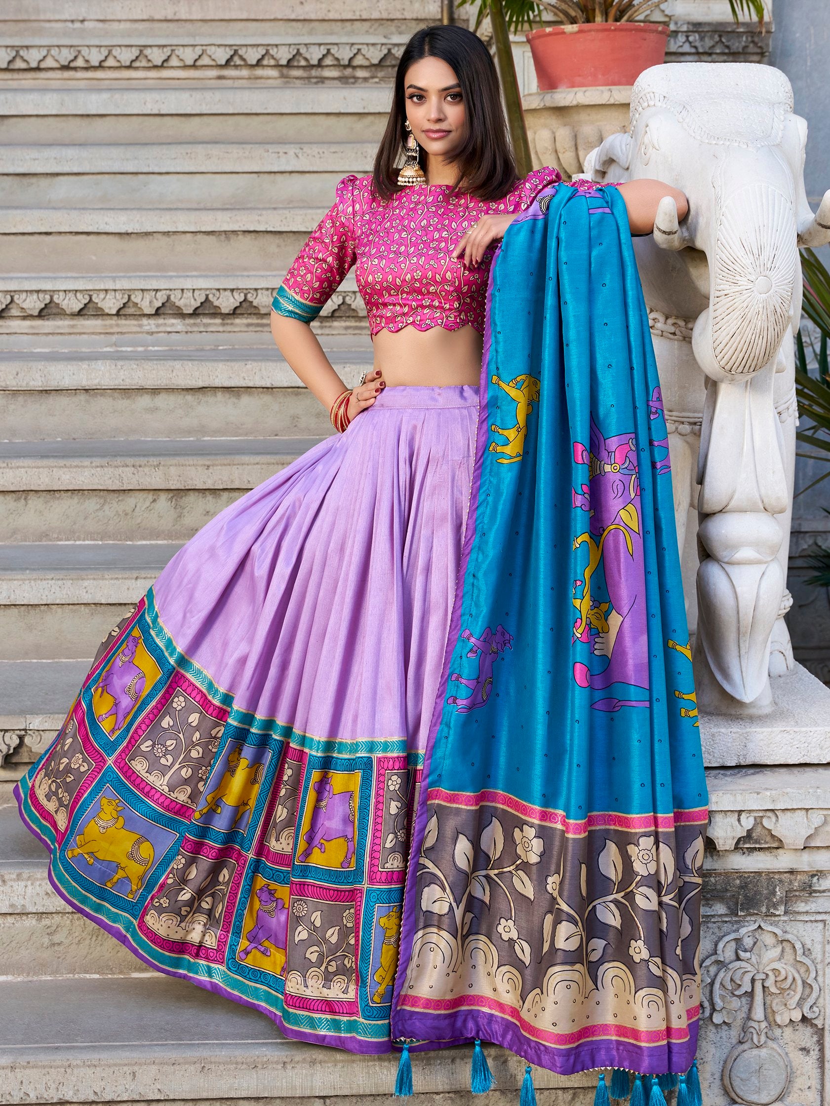 Gorgeous Lavender Kalamkari Print Tussar Silk Lehenga Choli With Dupatta
