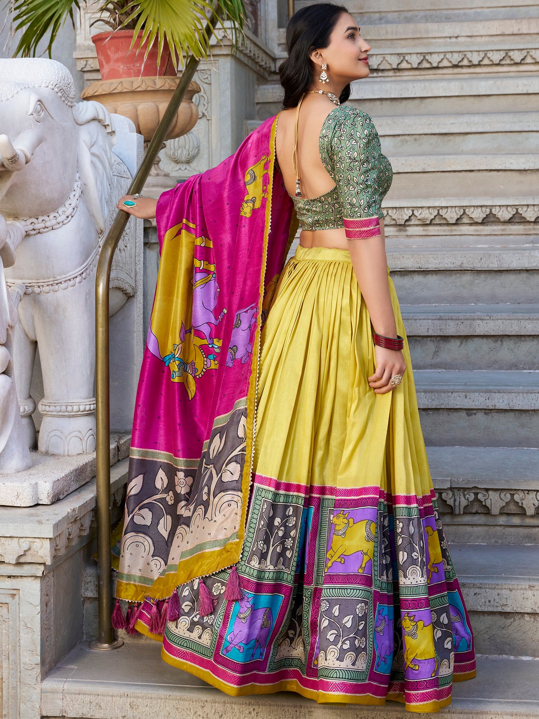 Floaty Mustard Yellow Kalamkari Print Tussar Silk Traditional Lehenga Choli