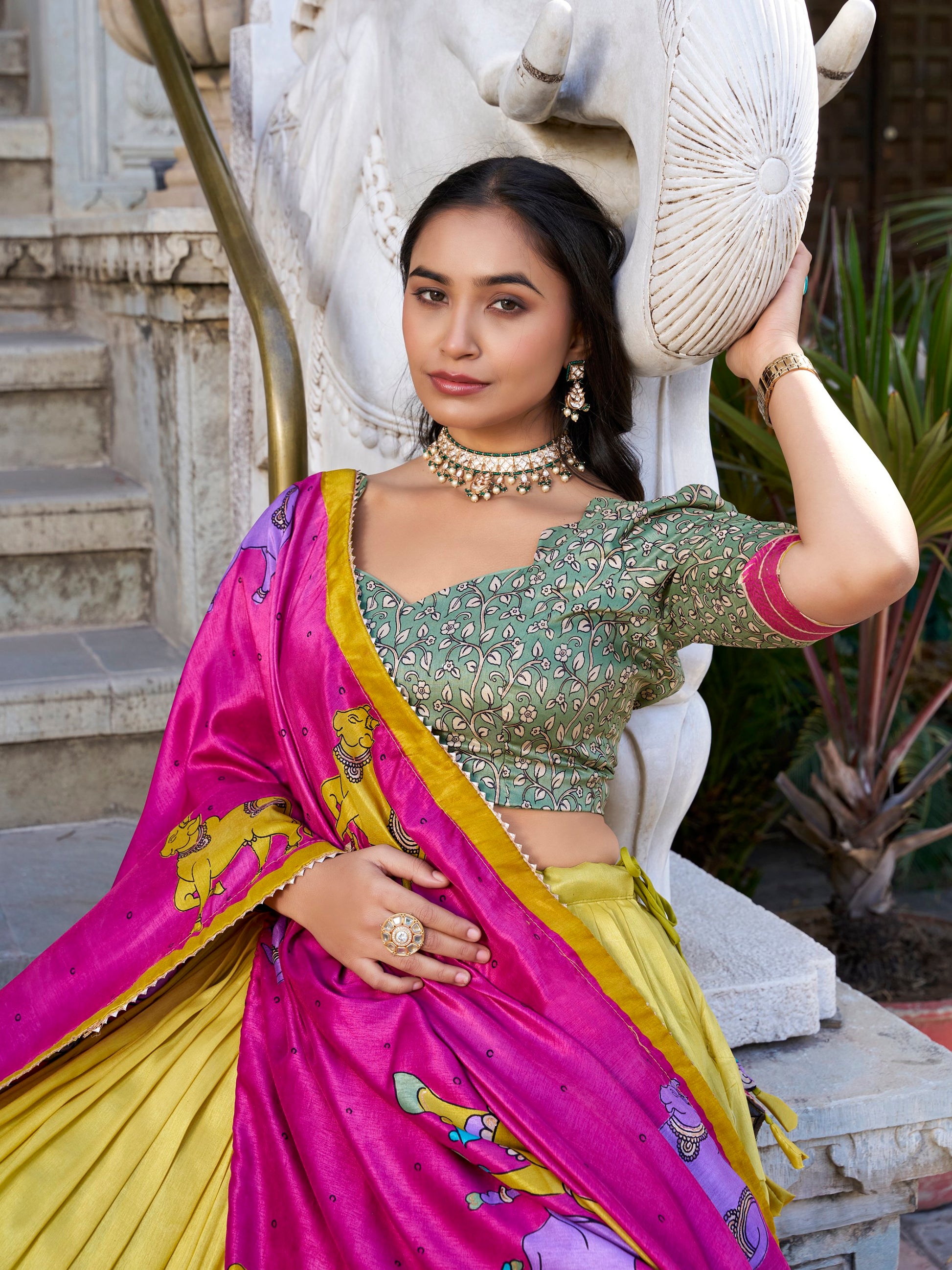 Floaty Mustard Yellow Kalamkari Print Tussar Silk Traditional Lehenga Choli