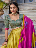 Floaty Mustard Yellow Kalamkari Print Tussar Silk Traditional Lehenga Choli