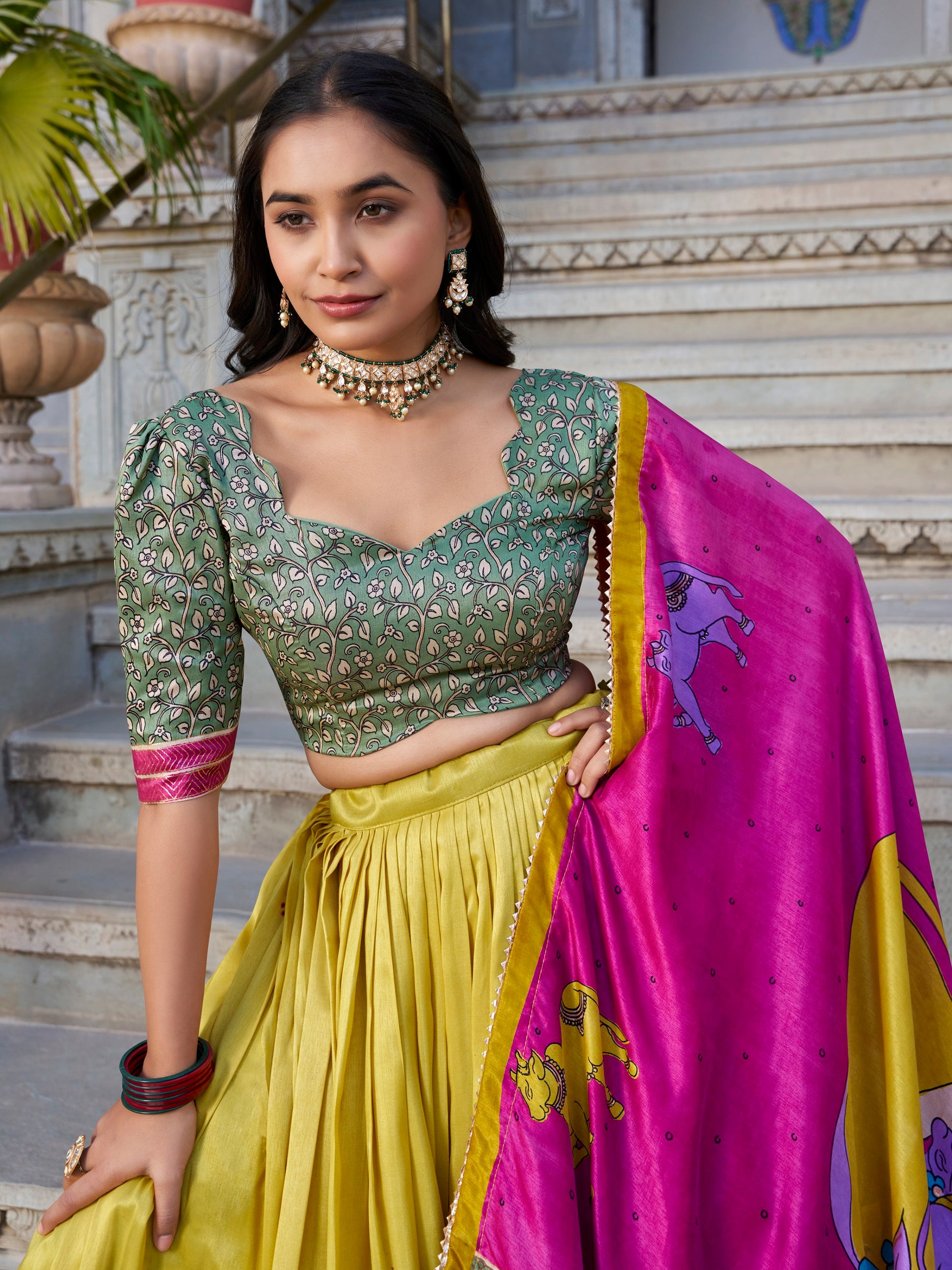 Floaty Mustard Yellow Kalamkari Print Tussar Silk Traditional Lehenga Choli