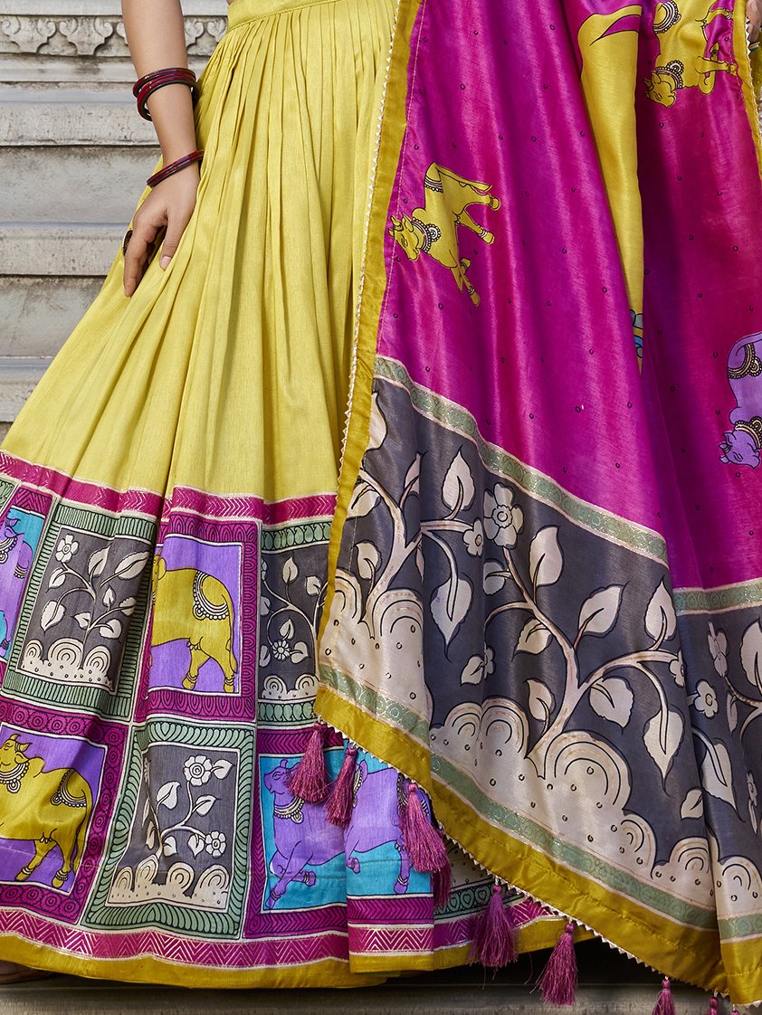 Floaty Mustard Yellow Kalamkari Print Tussar Silk Traditional Lehenga Choli